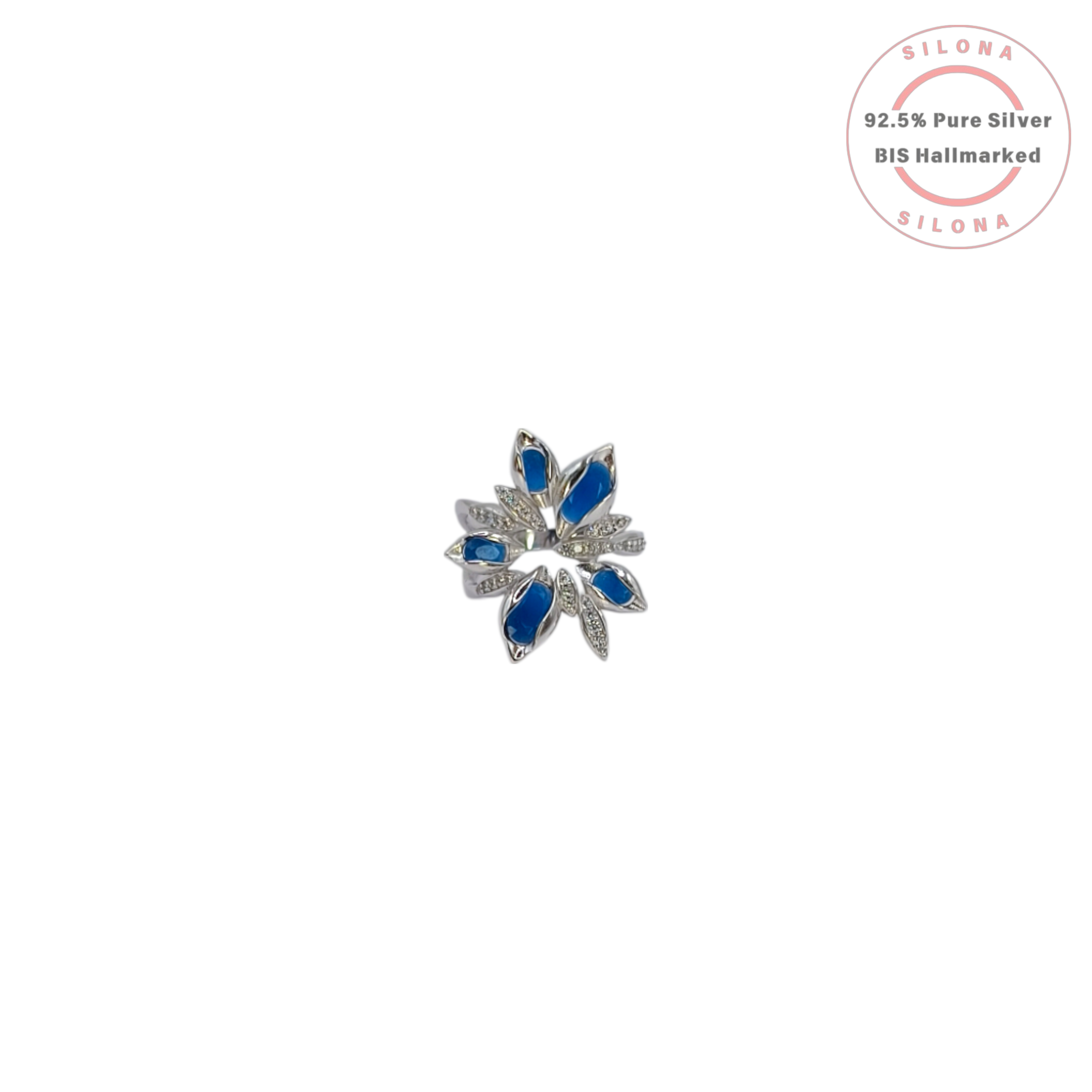 A modern floral statement ring in 92.5 silver, featuring marquise-cut sapphire-blue stones and pavé cubic zirconia, on a white background.