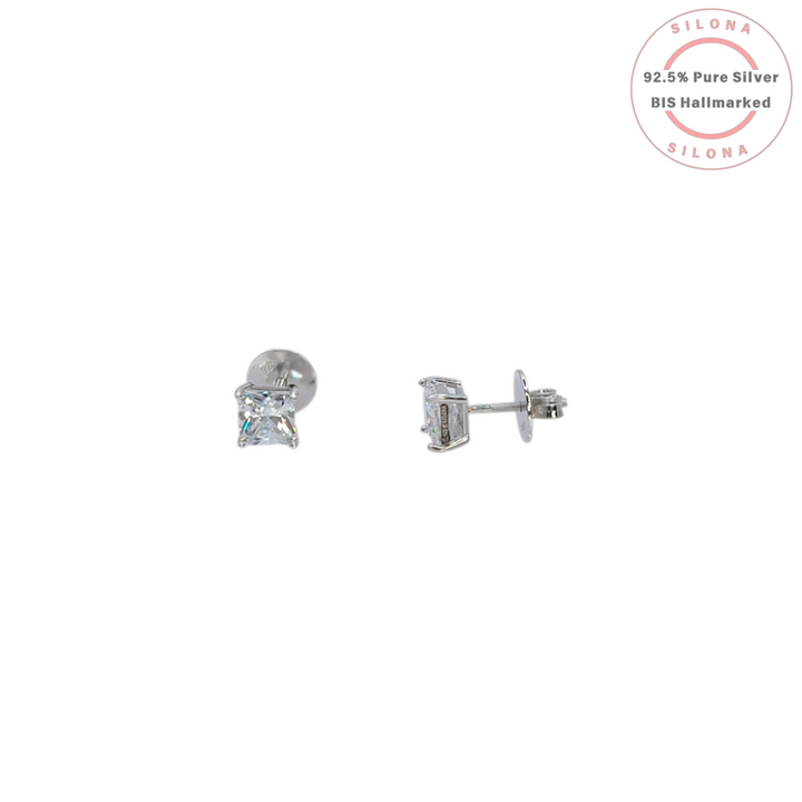 A pair of Silona's classic princess-cut cubic zirconia solitaire stud earrings in a 92.5 silver four-prong setting, shown on a white background.