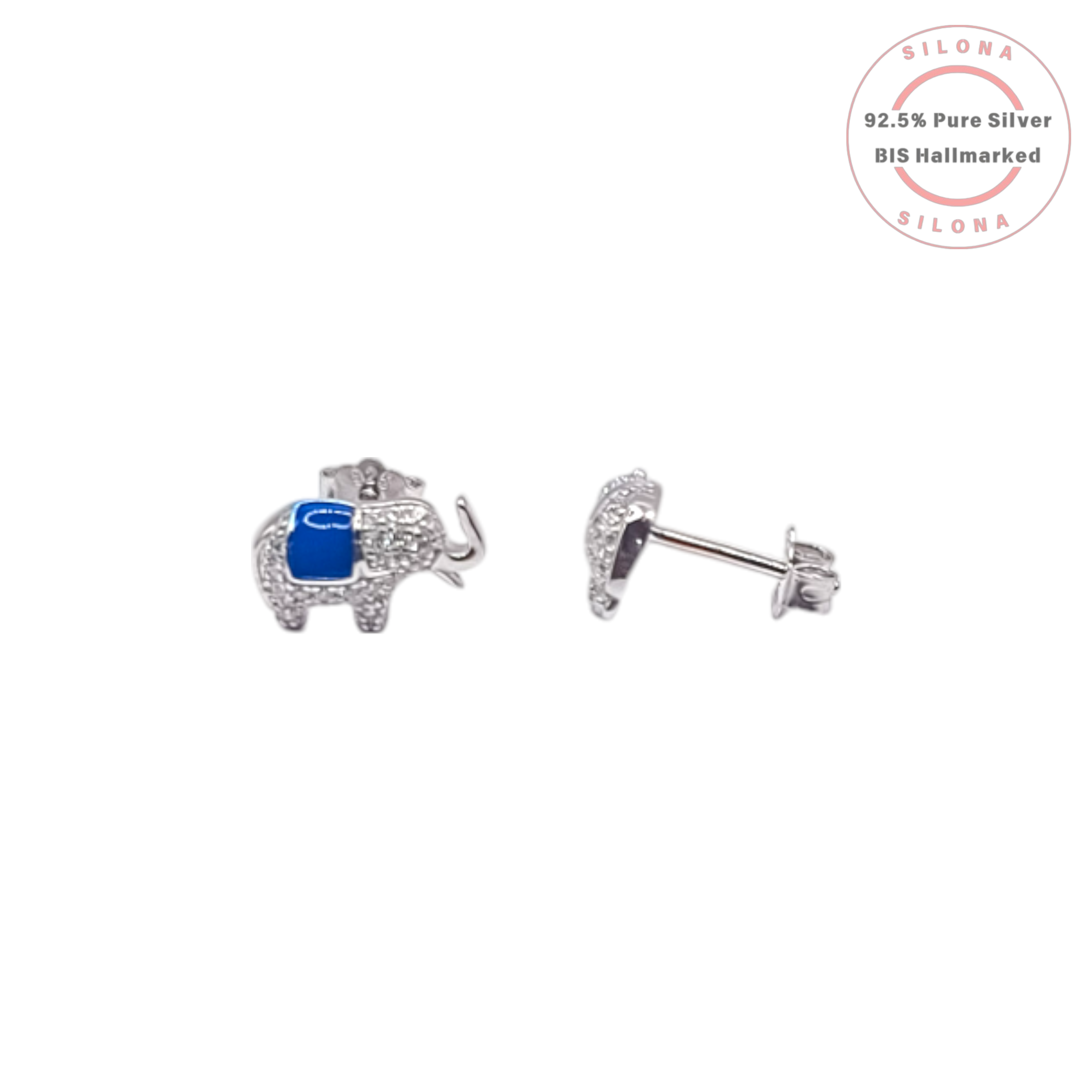 A pair of Silona elephant stud earrings in 92.5 silver, featuring pave-set cubic zirconia and a royal blue enamel saddle, on a white background.