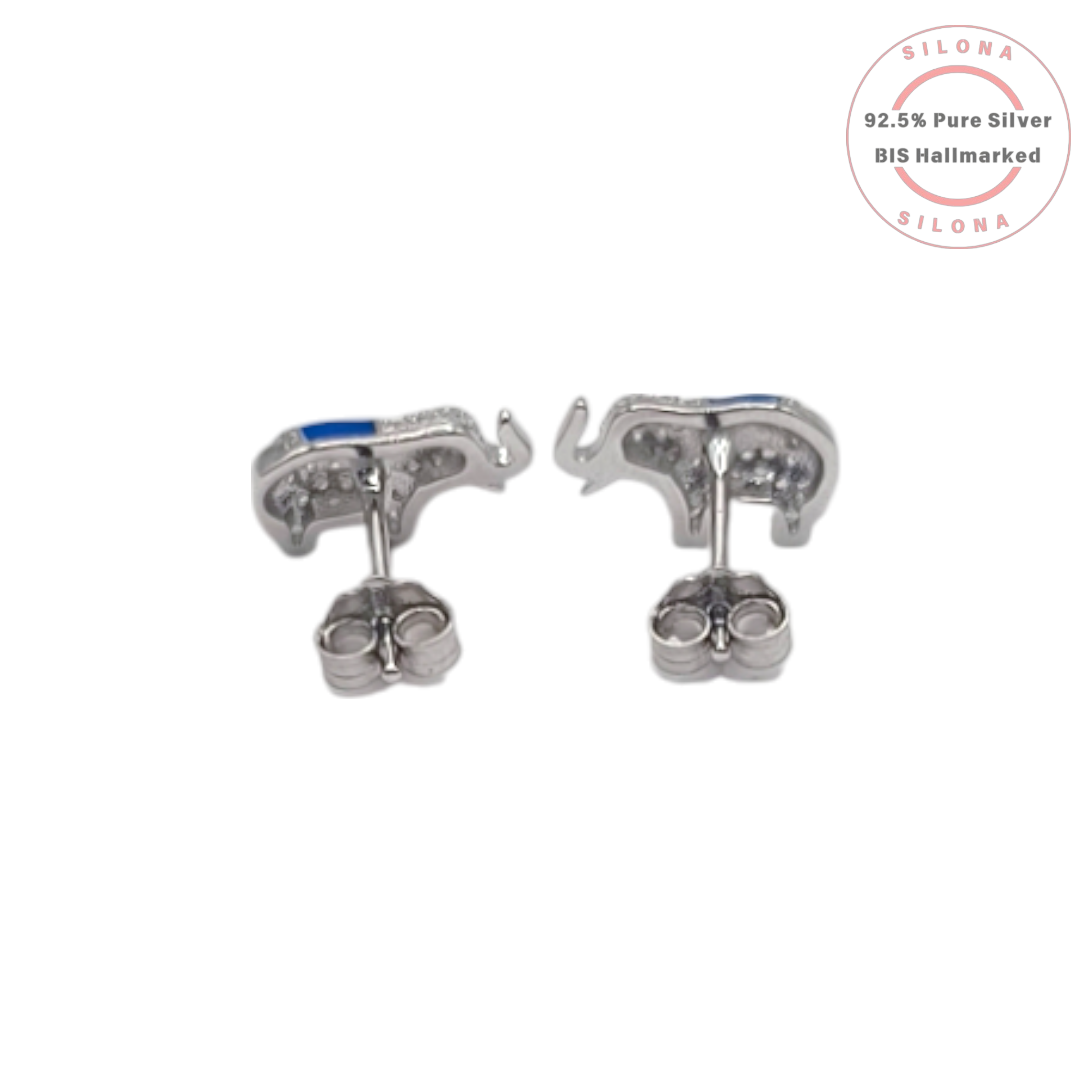 A pair of Silona elephant stud earrings in 92.5 silver, featuring pave-set cubic zirconia and a royal blue enamel saddle, on a white background.