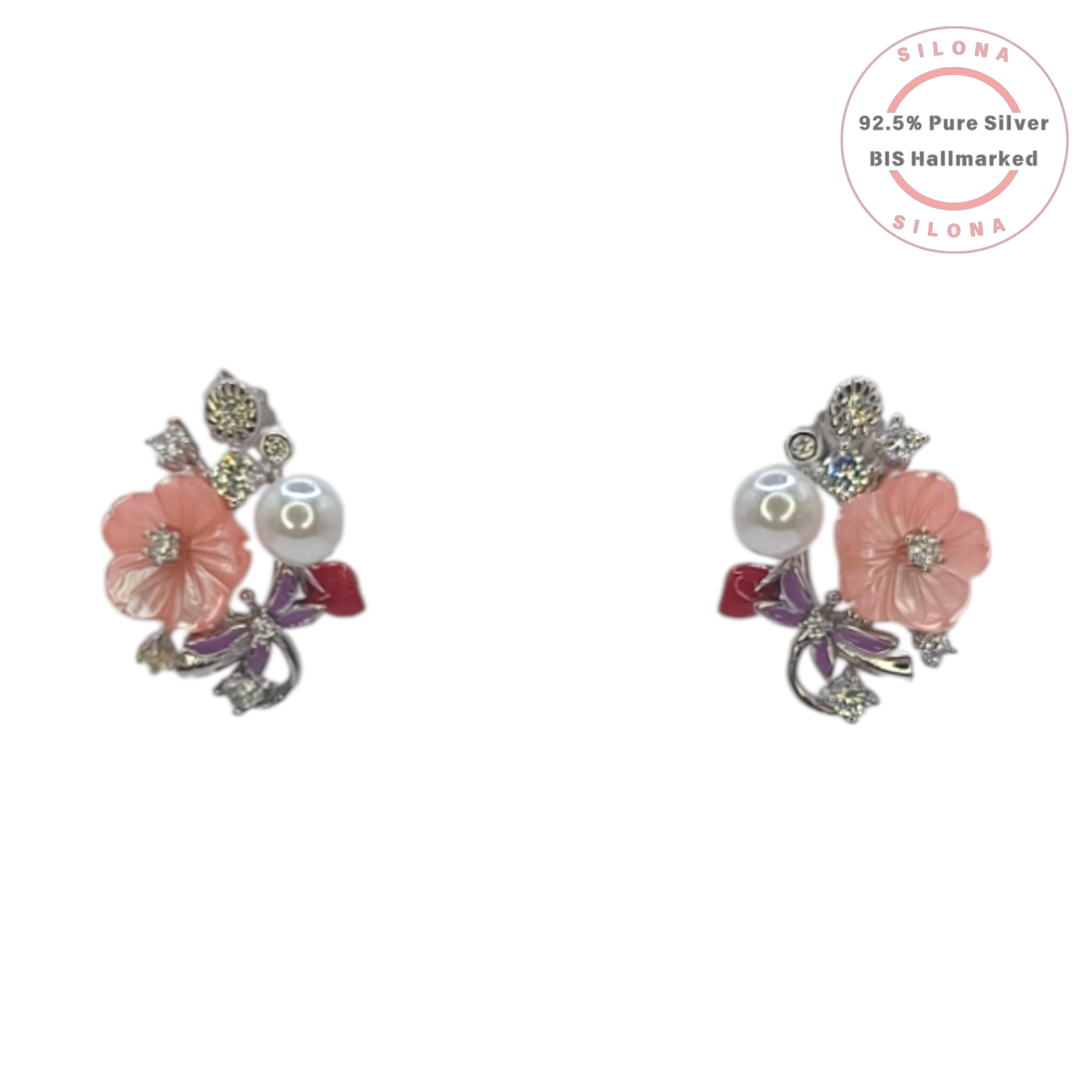 Silona Enamel Garden Floral & Dragonfly Stud Earrings in 92.5 Silver, featuring a pink carved flower, a pearl, and a purple dragonfly motif.