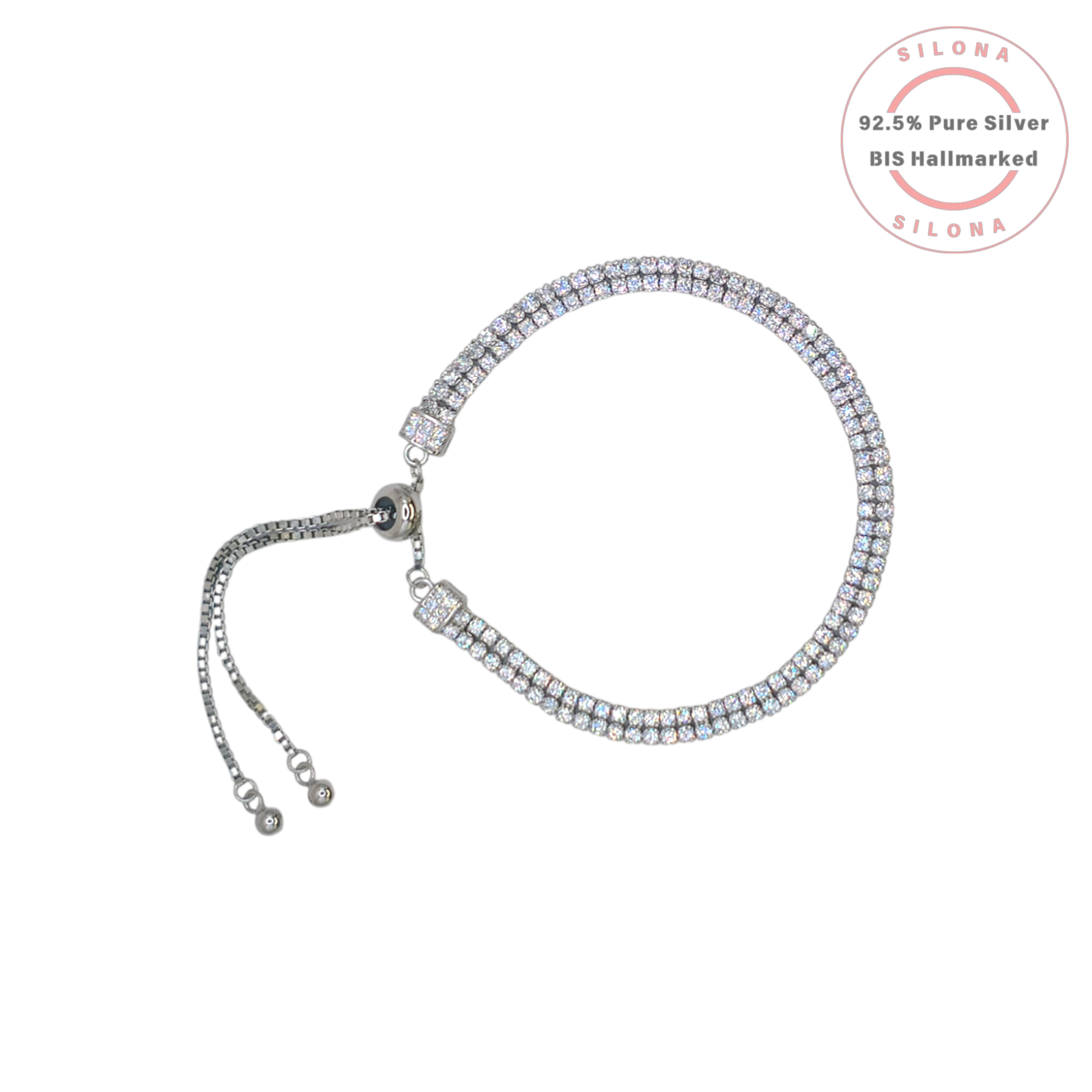 Elegant double row cubic zirconia tennis bracelet in 92.5 silver with an adjustable slider clasp on a white background.