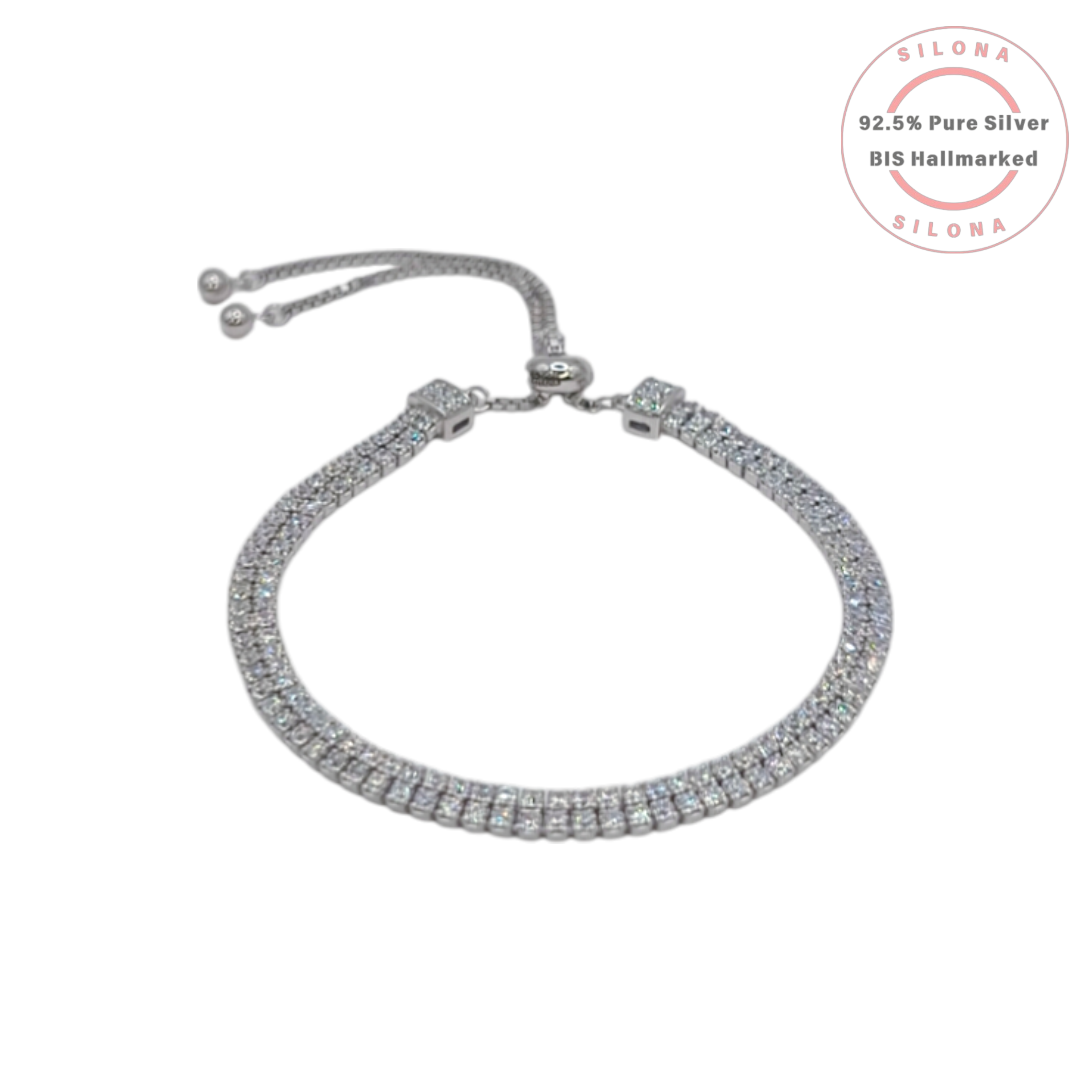 Elegant double row cubic zirconia tennis bracelet in 92.5 silver with an adjustable slider clasp on a white background.
