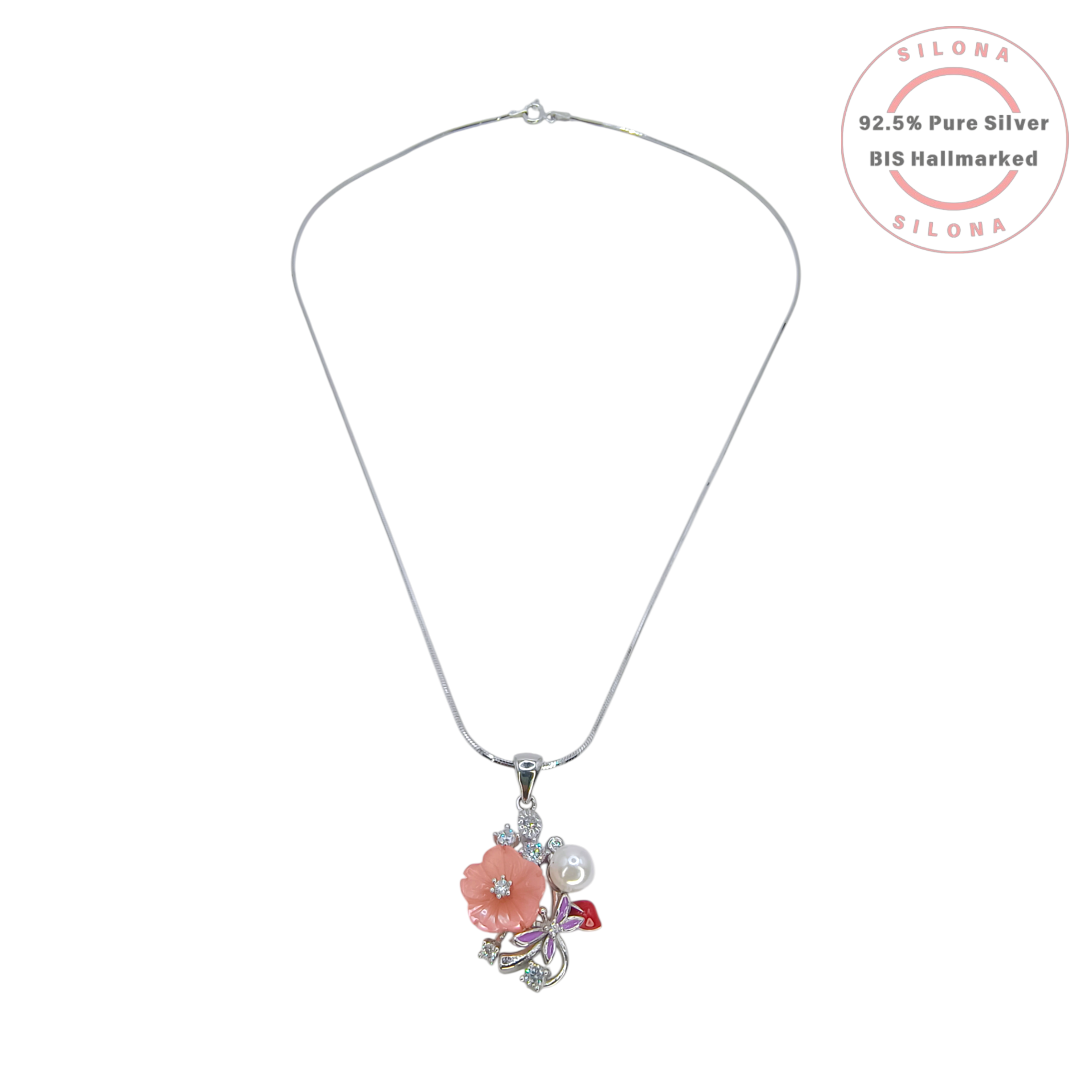 Silona Enamel Garden Floral & Dragonfly Stud Earrings in 92.5 Silver, featuring a pink carved flower, a pearl, and a purple dragonfly motif.