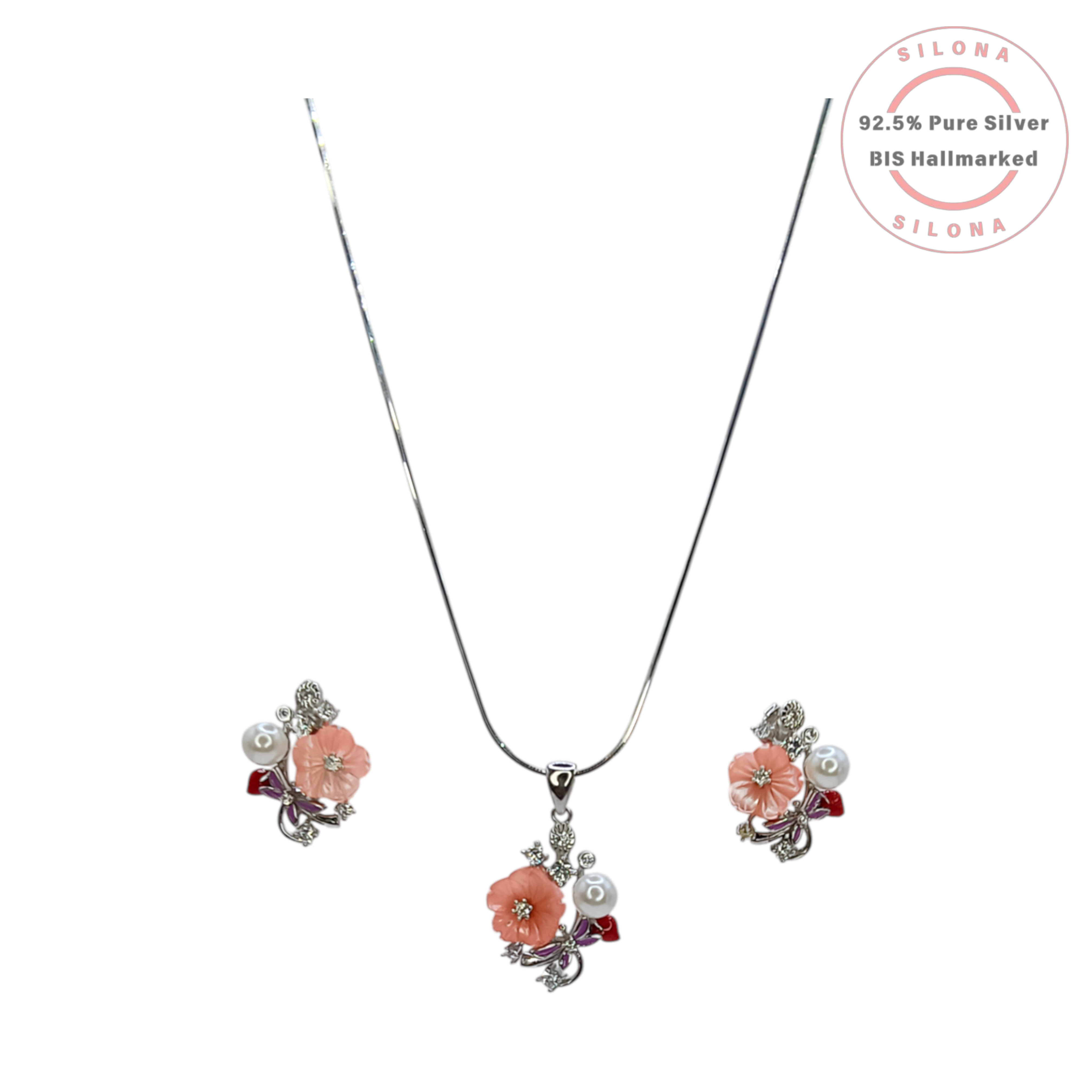 Silona Enamel Garden Floral & Dragonfly Stud Earrings in 92.5 Silver, featuring a pink carved flower, a pearl, and a purple dragonfly motif.