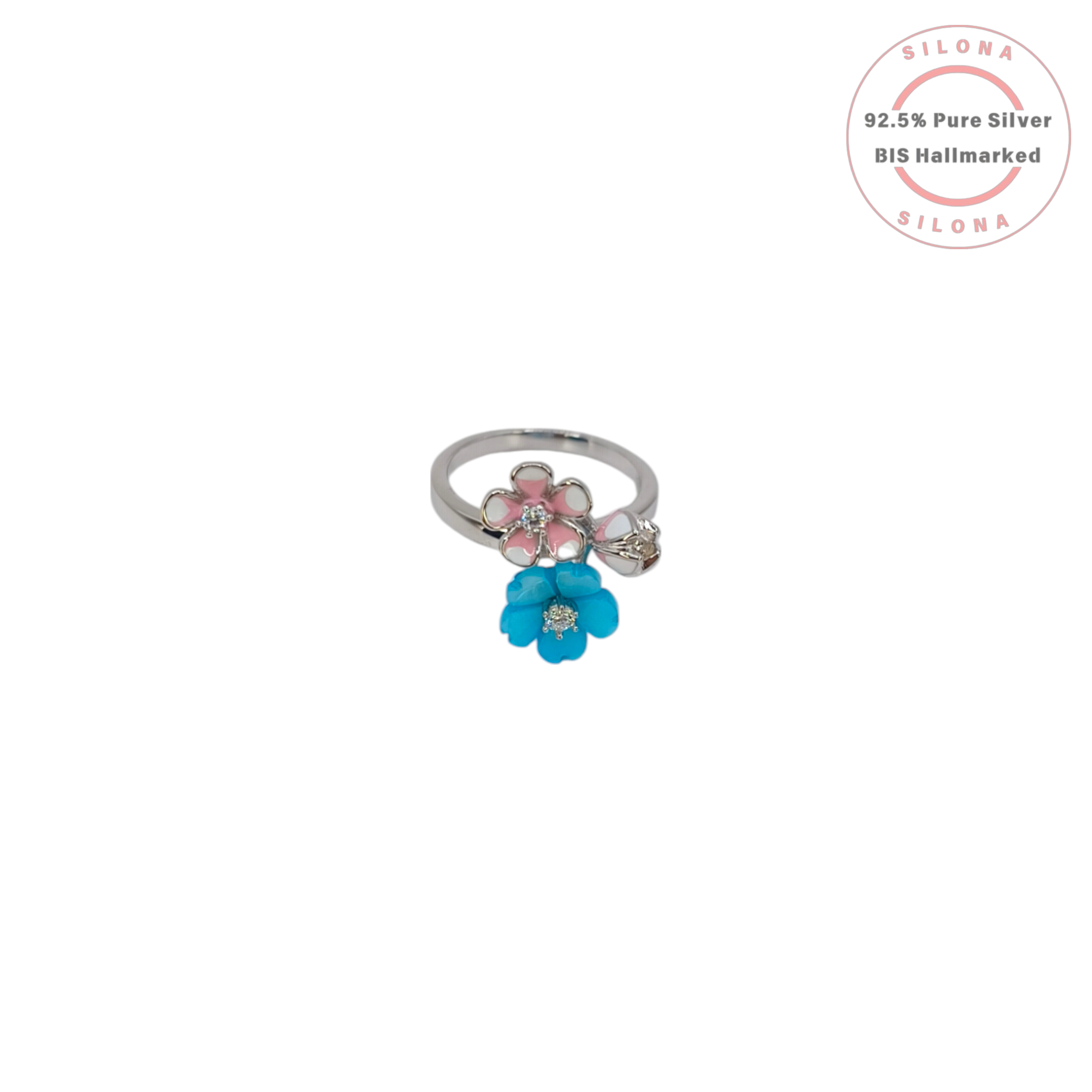 Silona Enamel Dual Flower Ring in pink and turquoise, crafted from 92.5 pure silver with a polished band.