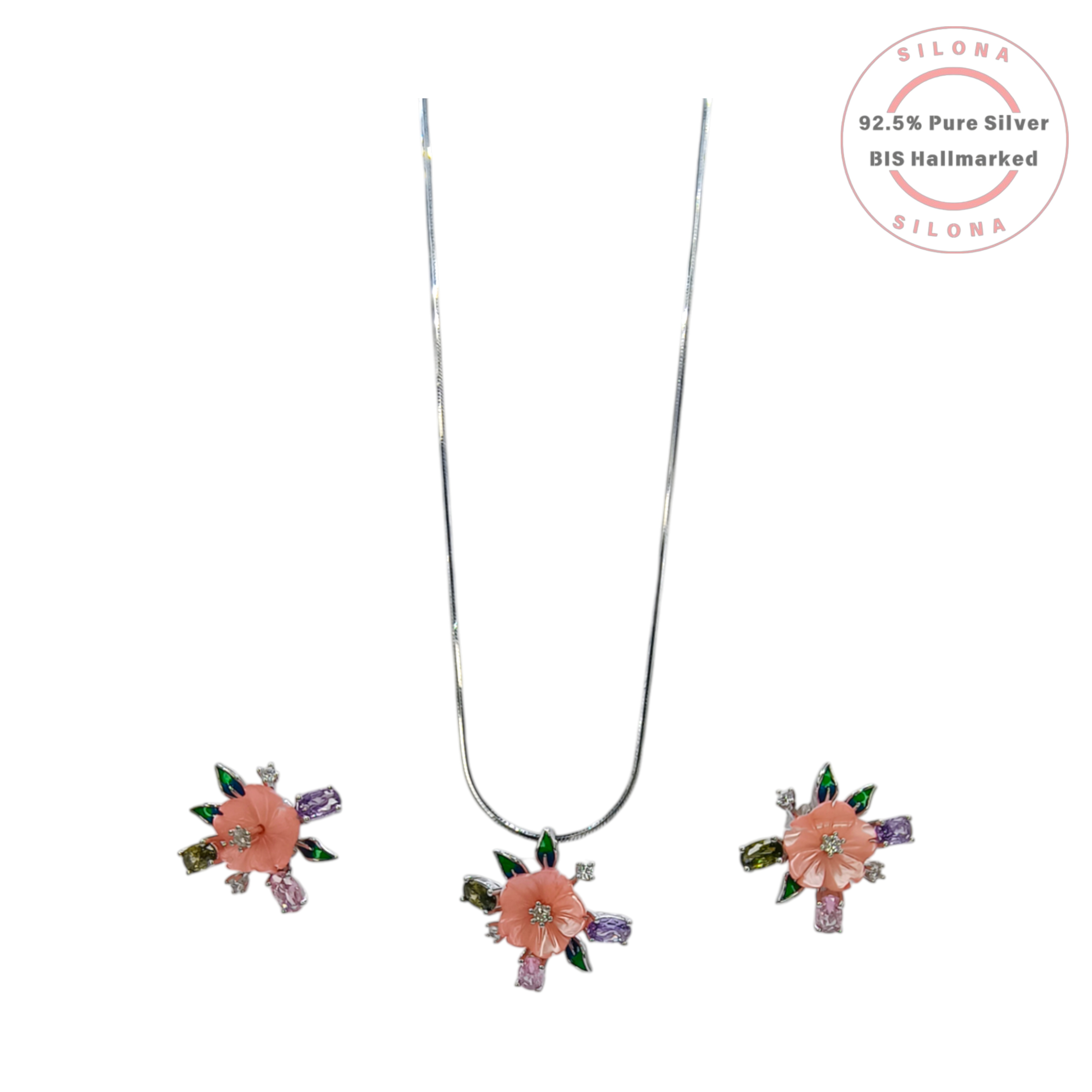 Silona Pastel Blossom Necklace and Earring Set in 92.5 silver, featuring a carved coral-pink flower pendant and matching studs with multi-color stones on a white background.