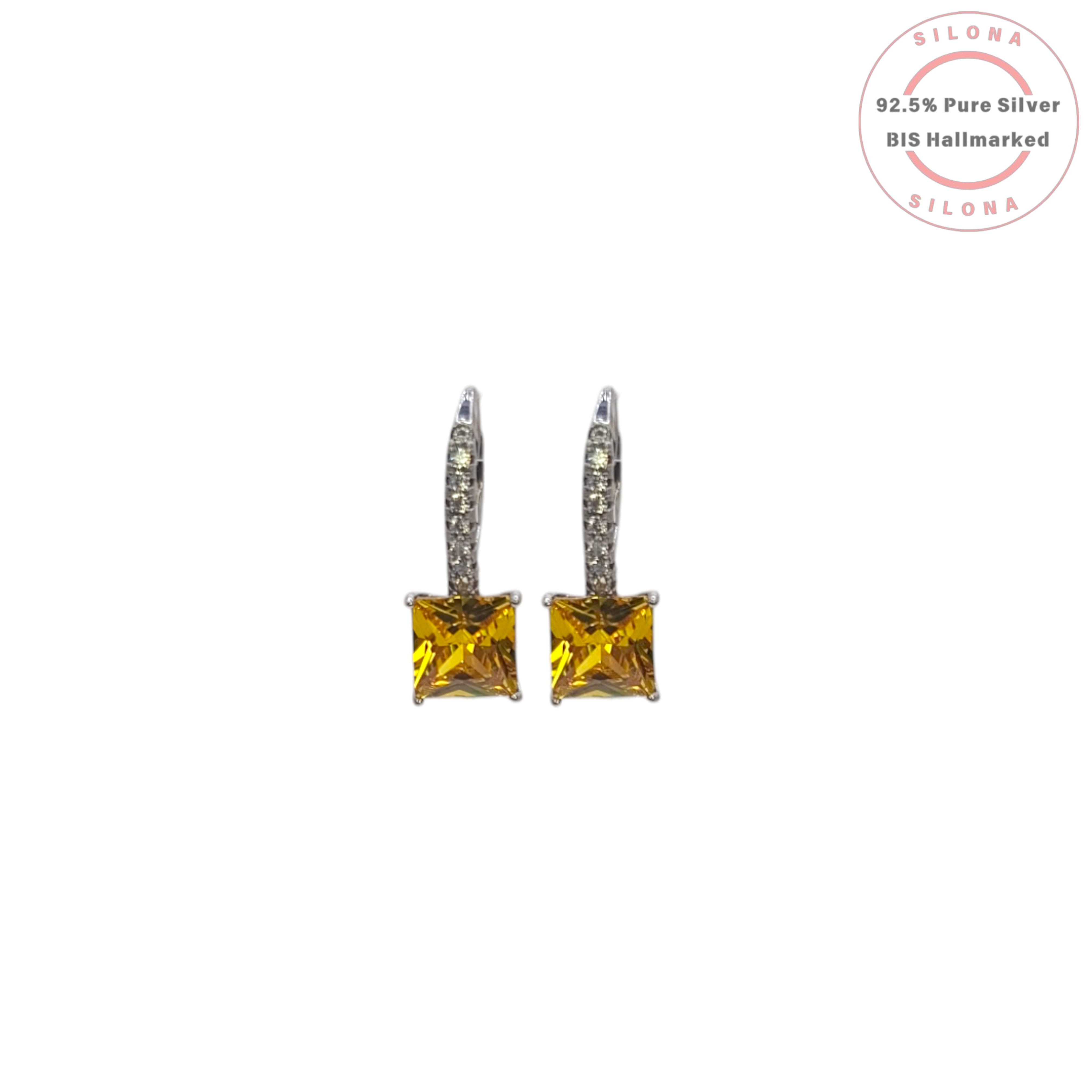 Pair of Radiant Canary Yellow Huggie Drop Earrings in 92.5 silver with pavé-set hoops and a dangling princess-cut yellow stone on a white background.