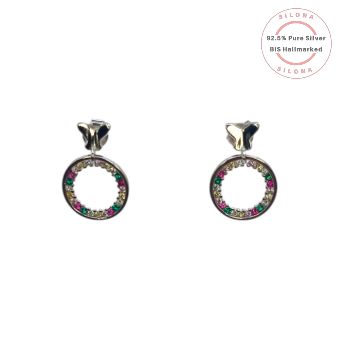A pair of Silona silver butterfly stud earrings with a dangling circular hoop adorned with multicolor cubic zirconia stones.