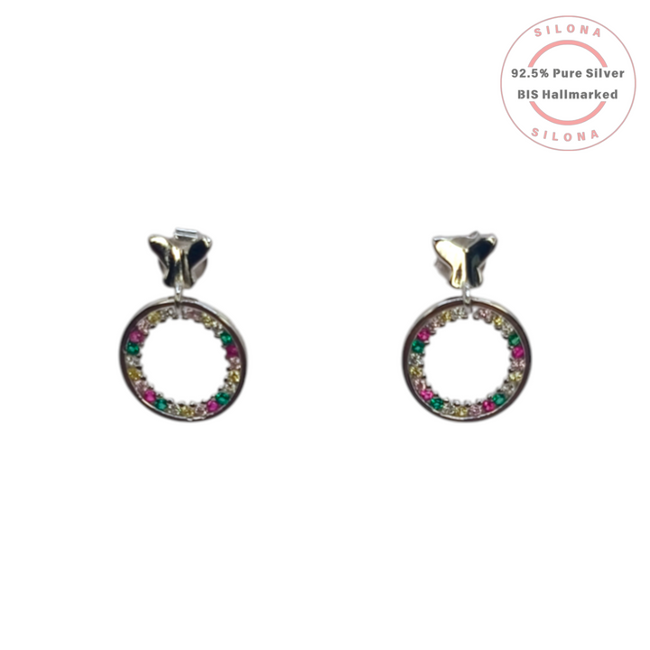 A pair of Silona silver butterfly stud earrings with a dangling circular hoop adorned with multicolor cubic zirconia stones.
