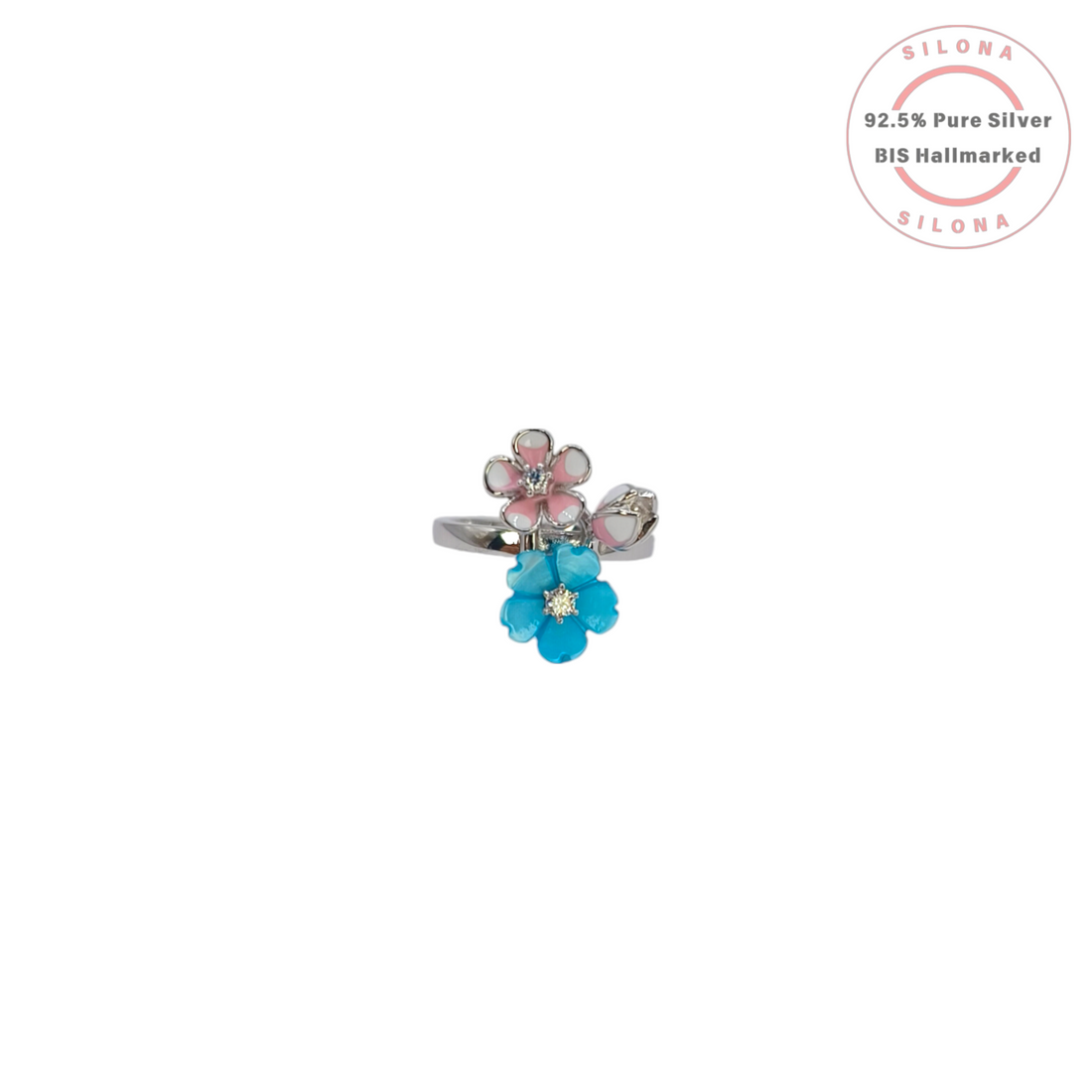 Silona Enamel Dual Flower Ring in pink and turquoise, crafted from 92.5 pure silver with a polished band.