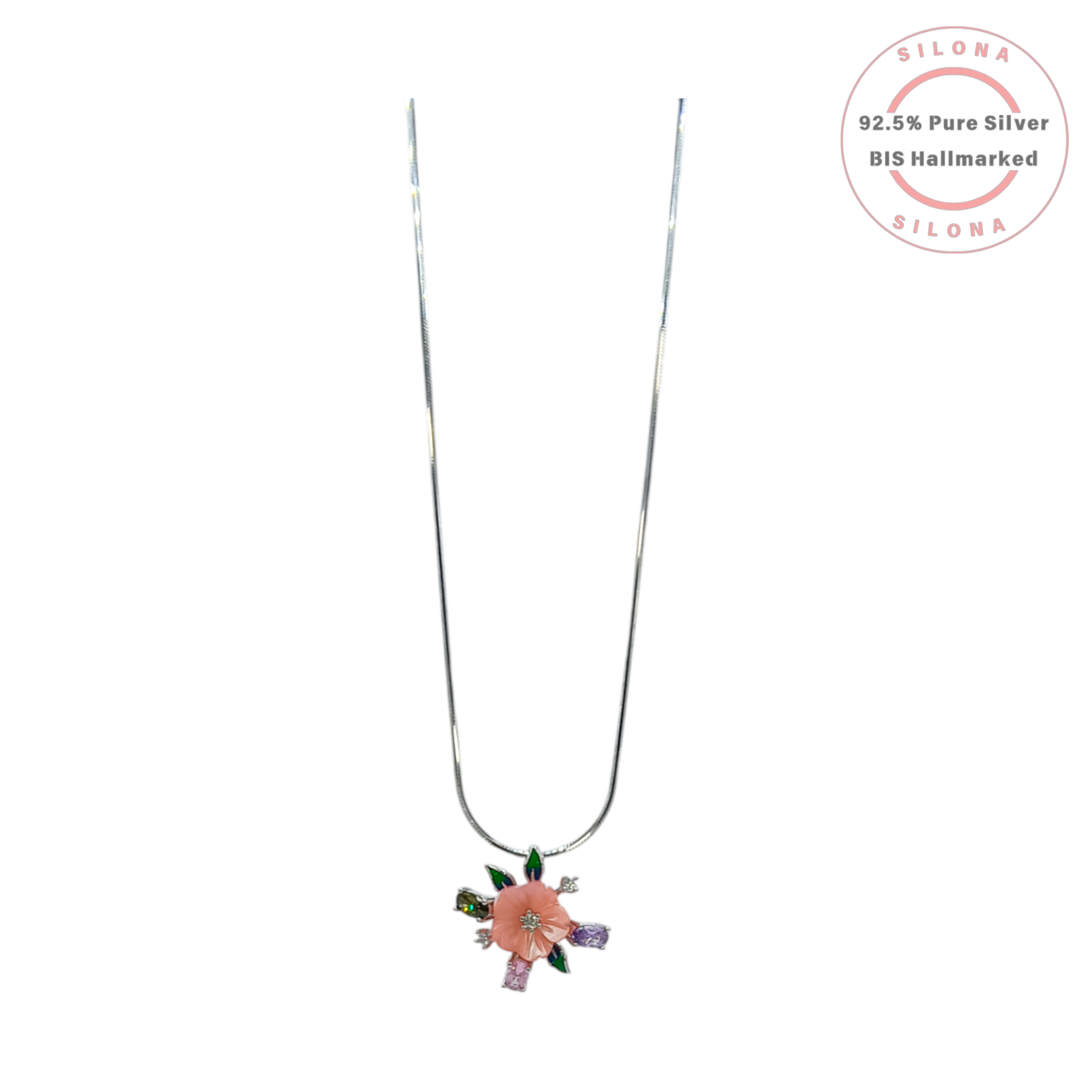 Silona Pastel Blossom Necklace and Earring Set in 92.5 silver, featuring a carved coral-pink flower pendant and matching studs with multi-color stones on a white background.