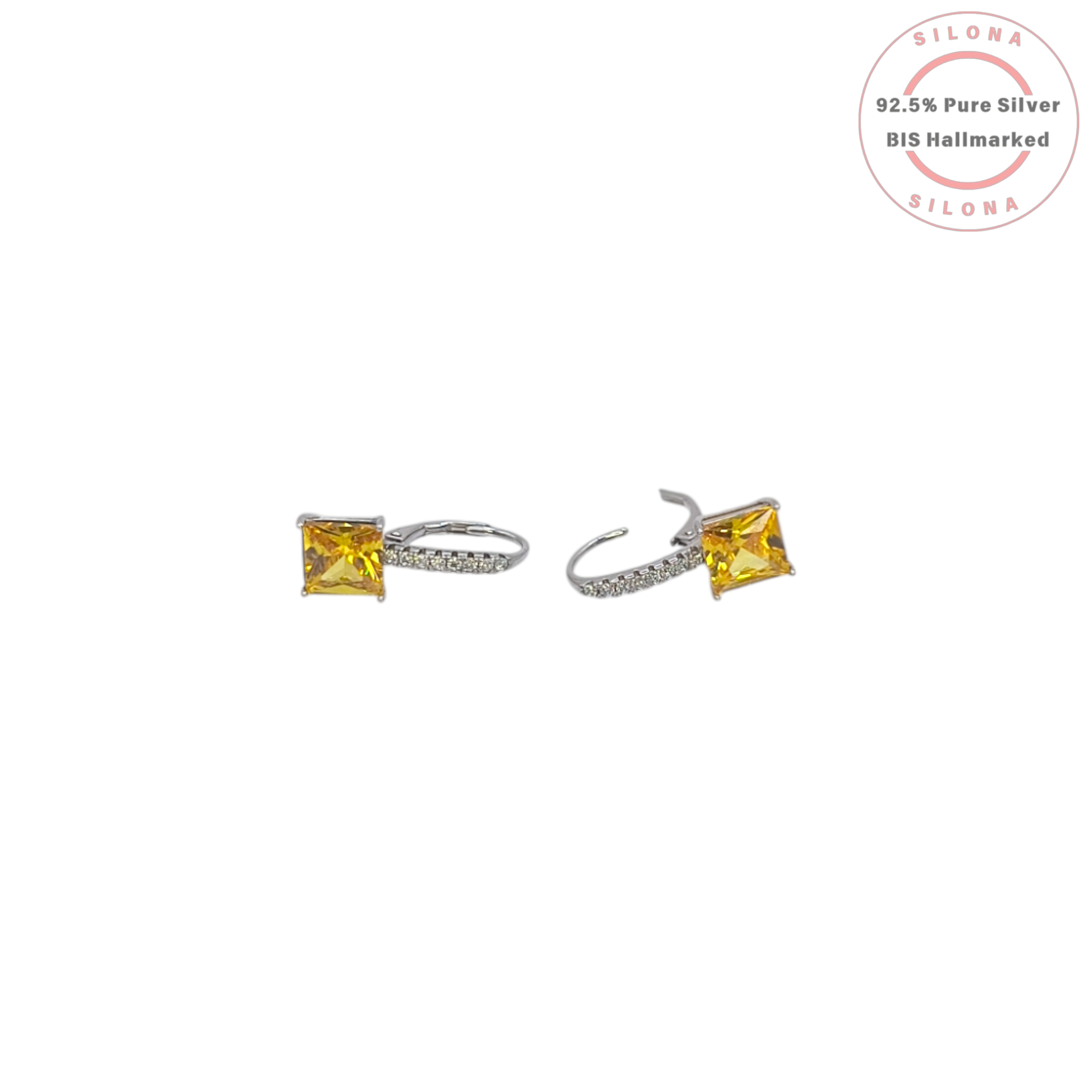Pair of Radiant Canary Yellow Huggie Drop Earrings in 92.5 silver with pavé-set hoops and a dangling princess-cut yellow stone on a white background.