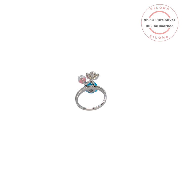 Silona Enamel Dual Flower Ring in pink and turquoise, crafted from 92.5 pure silver with a polished band.