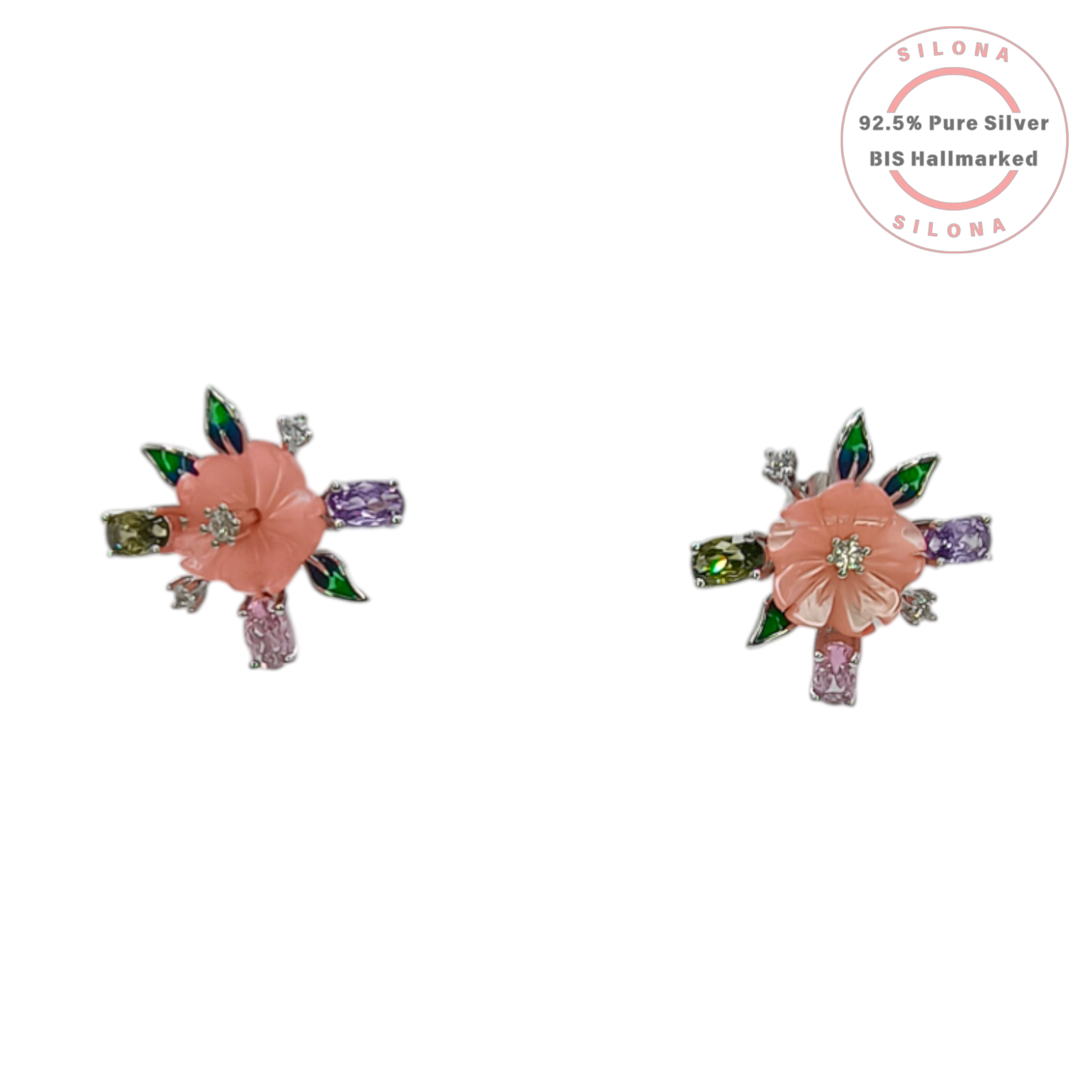 Silona Pastel Blossom Necklace and Earring Set in 92.5 silver, featuring a carved coral-pink flower pendant and matching studs with multi-color stones on a white background.