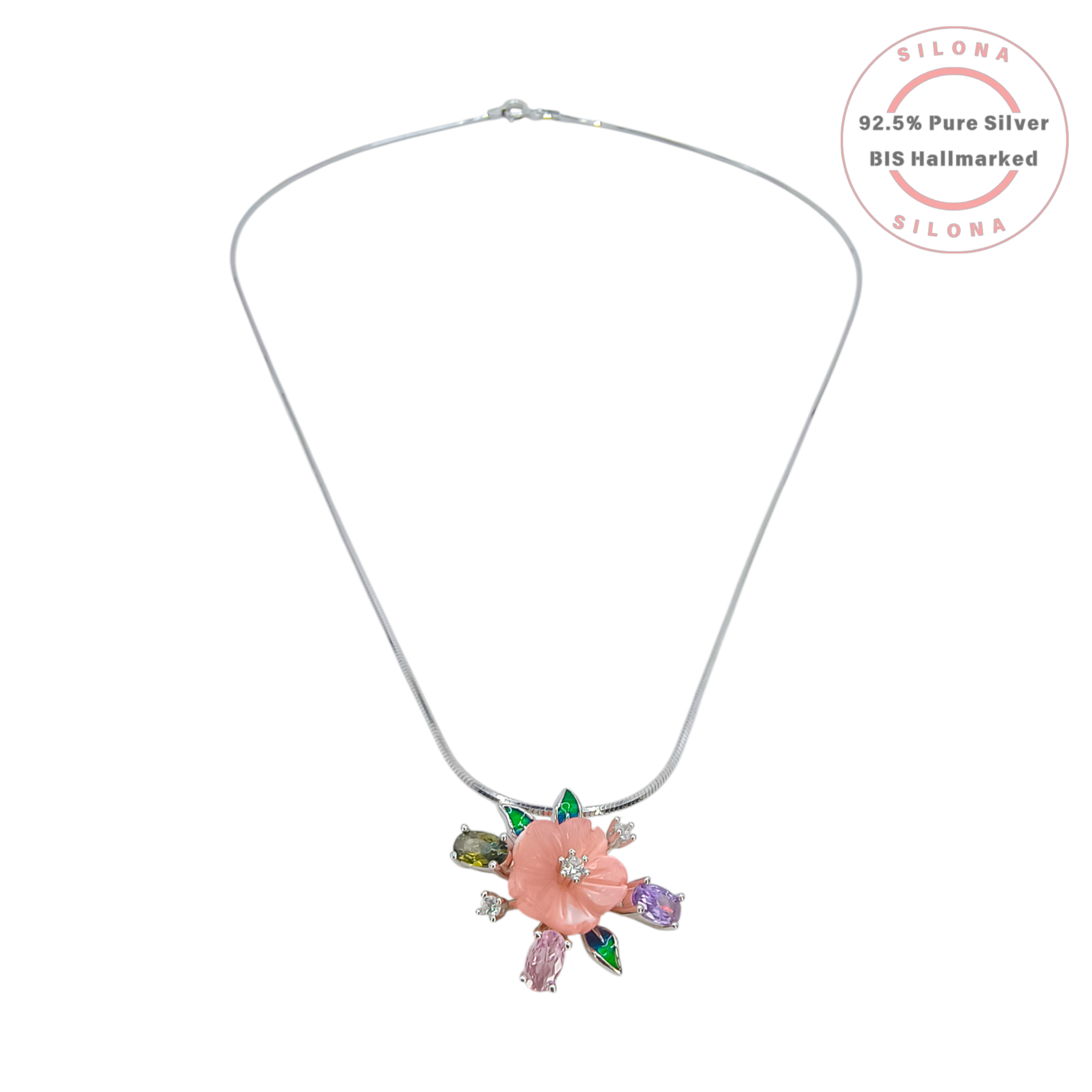 Silona Pastel Blossom Necklace and Earring Set in 92.5 silver, featuring a carved coral-pink flower pendant and matching studs with multi-color stones on a white background.