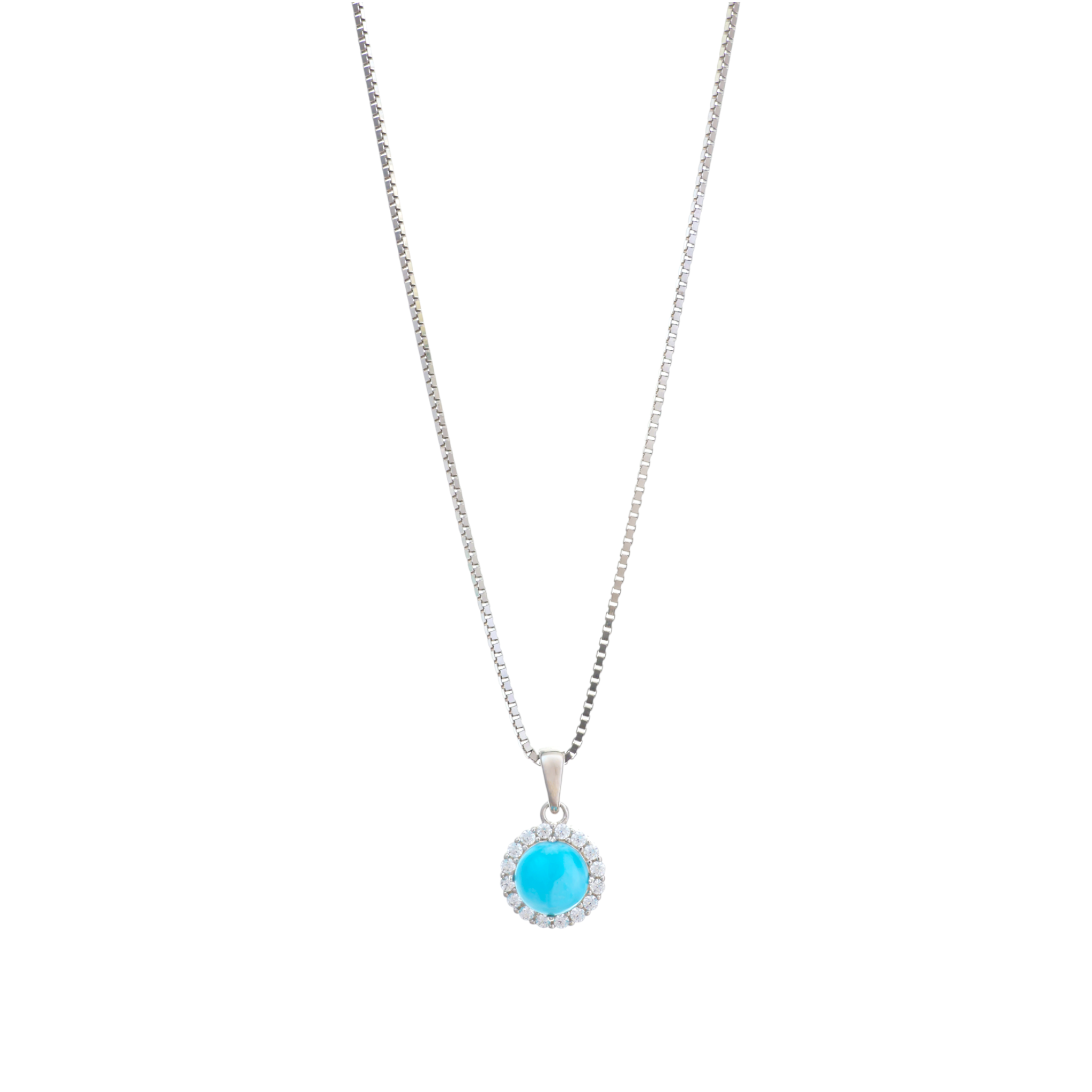 A silver box chain necklace showcasing a vibrant round turquoise cabochon pendant encircled by a halo of clear cz stones.