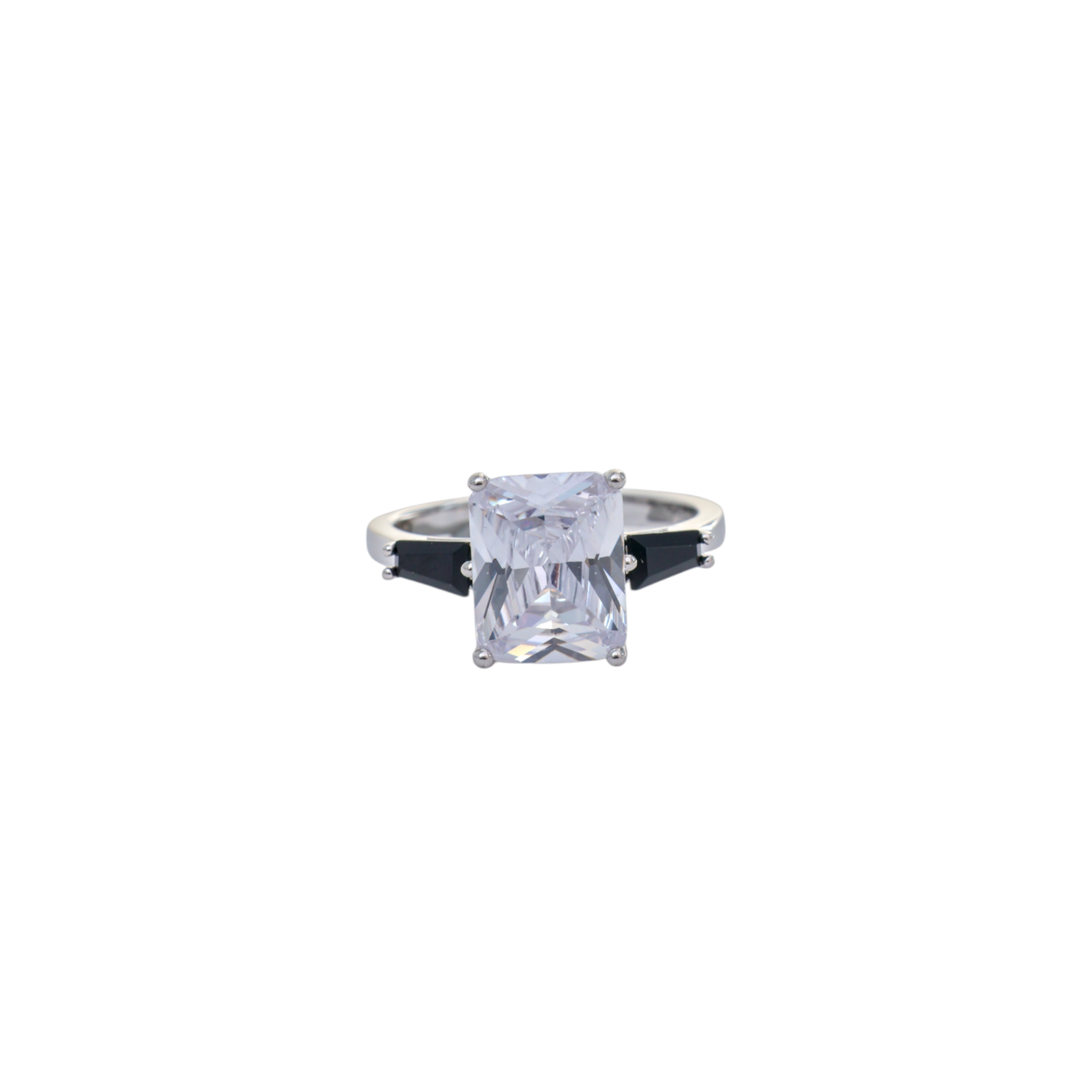 Clear radiant cut central gem flanked by black baguette accent stones set in sterling silver.