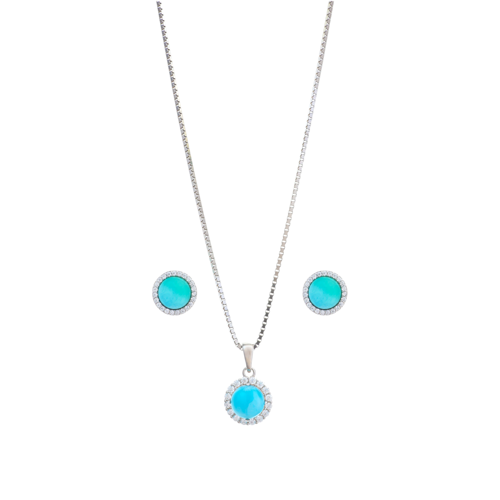 A silver box chain necklace showcasing a vibrant round turquoise cabochon pendant encircled by a halo of clear cz stones.