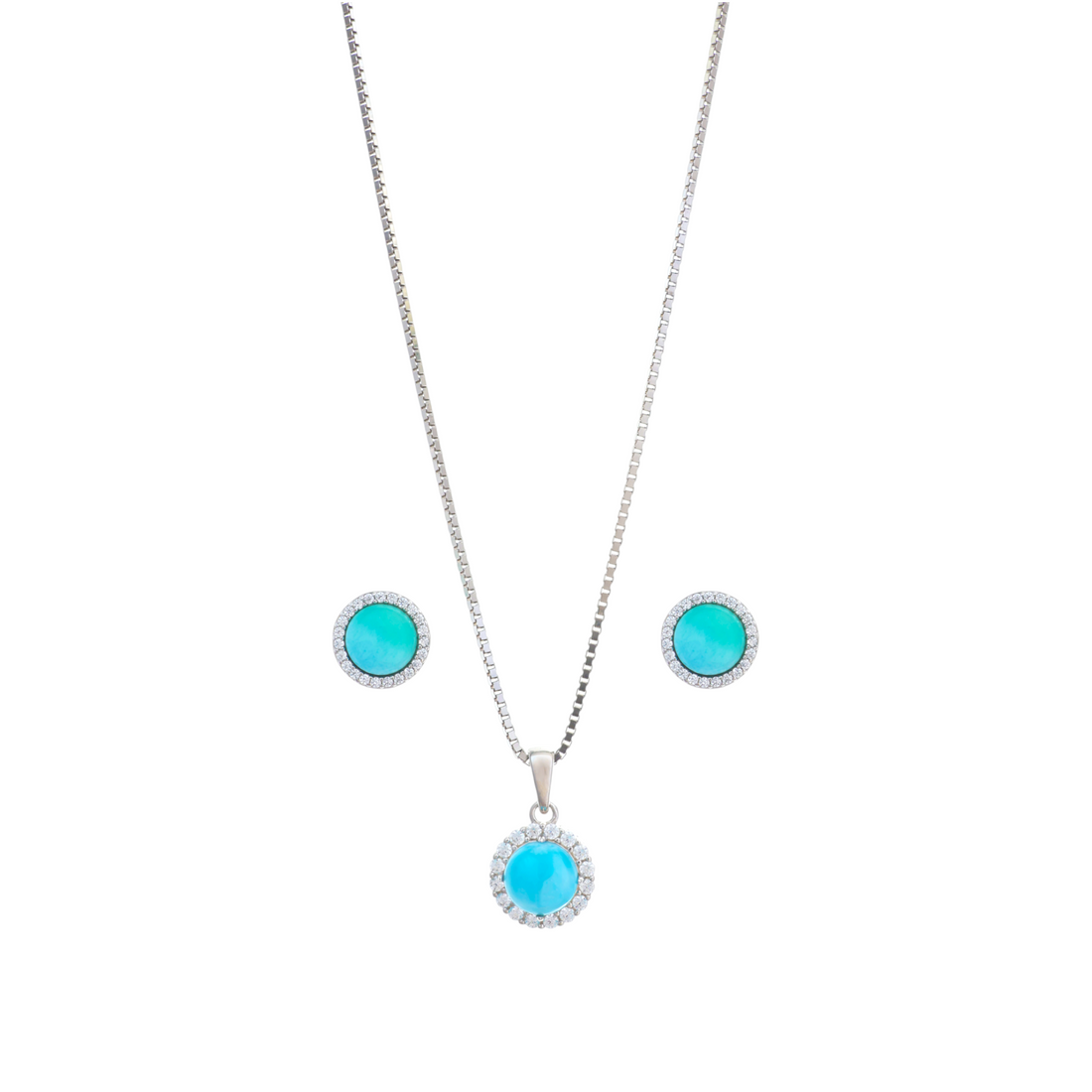 A silver box chain necklace showcasing a vibrant round turquoise cabochon pendant encircled by a halo of clear cz stones.