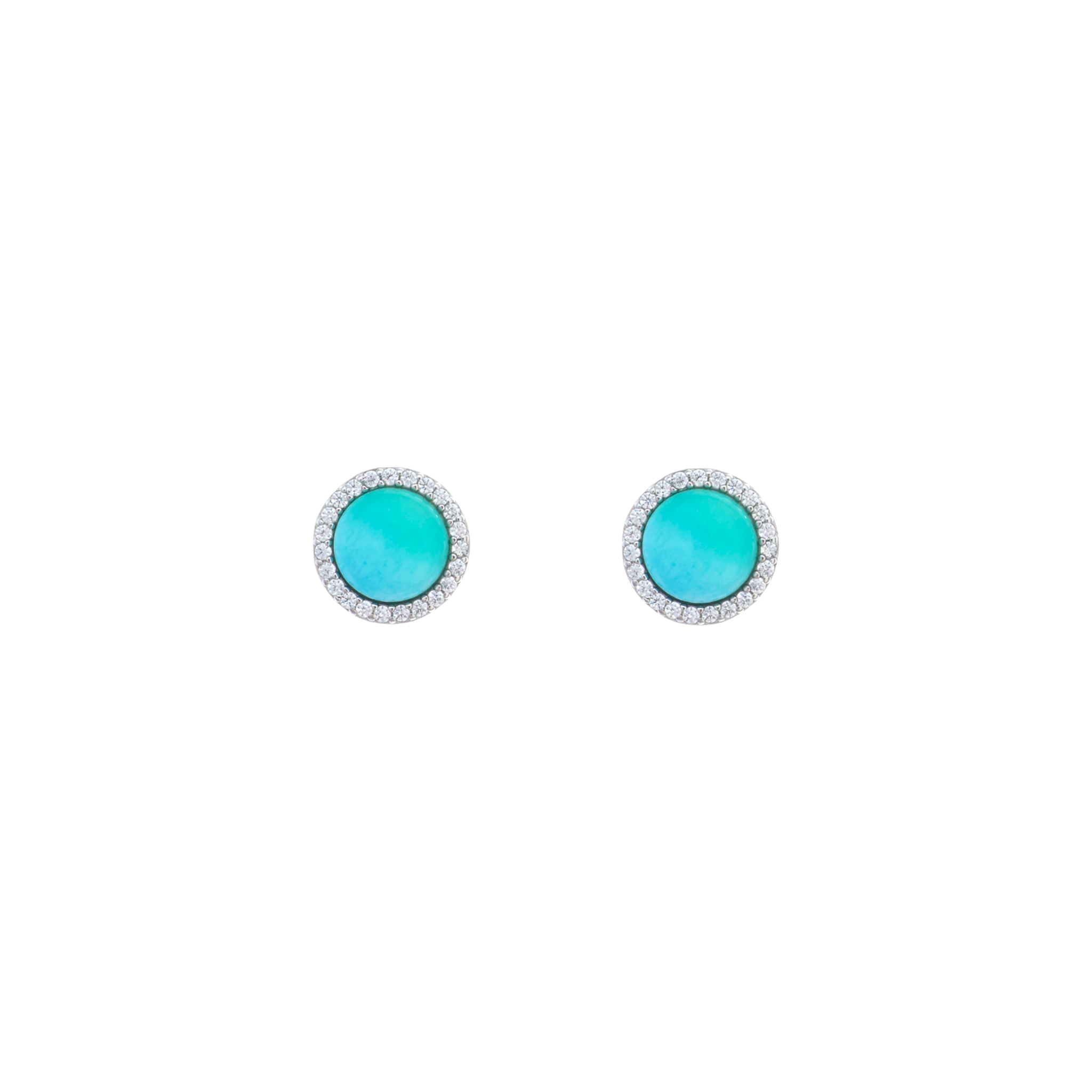 A silver box chain necklace showcasing a vibrant round turquoise cabochon pendant encircled by a halo of clear cz stones.