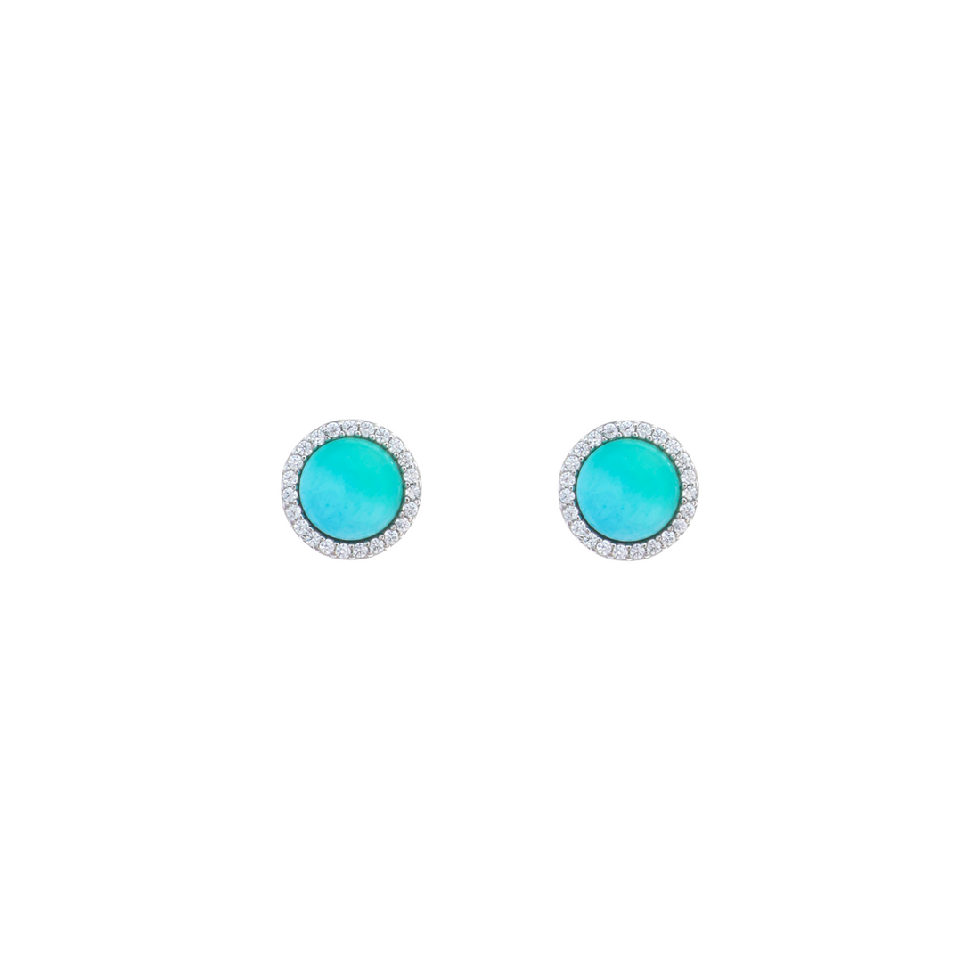 A silver box chain necklace showcasing a vibrant round turquoise cabochon pendant encircled by a halo of clear cz stones.