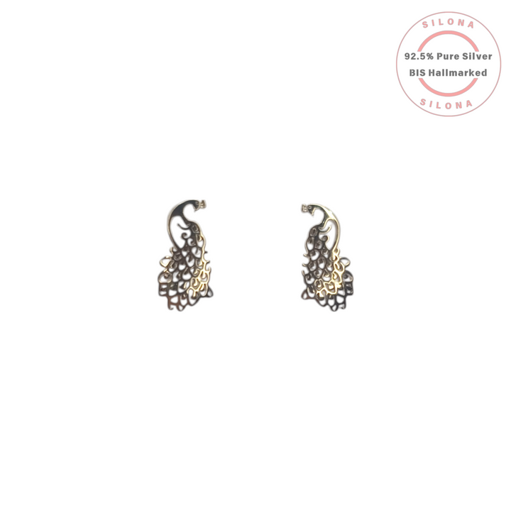 A pair of Silona's Artisanal Peacock Filigree Earrings in 92.5 silver with intricate jaali work, on a white background.