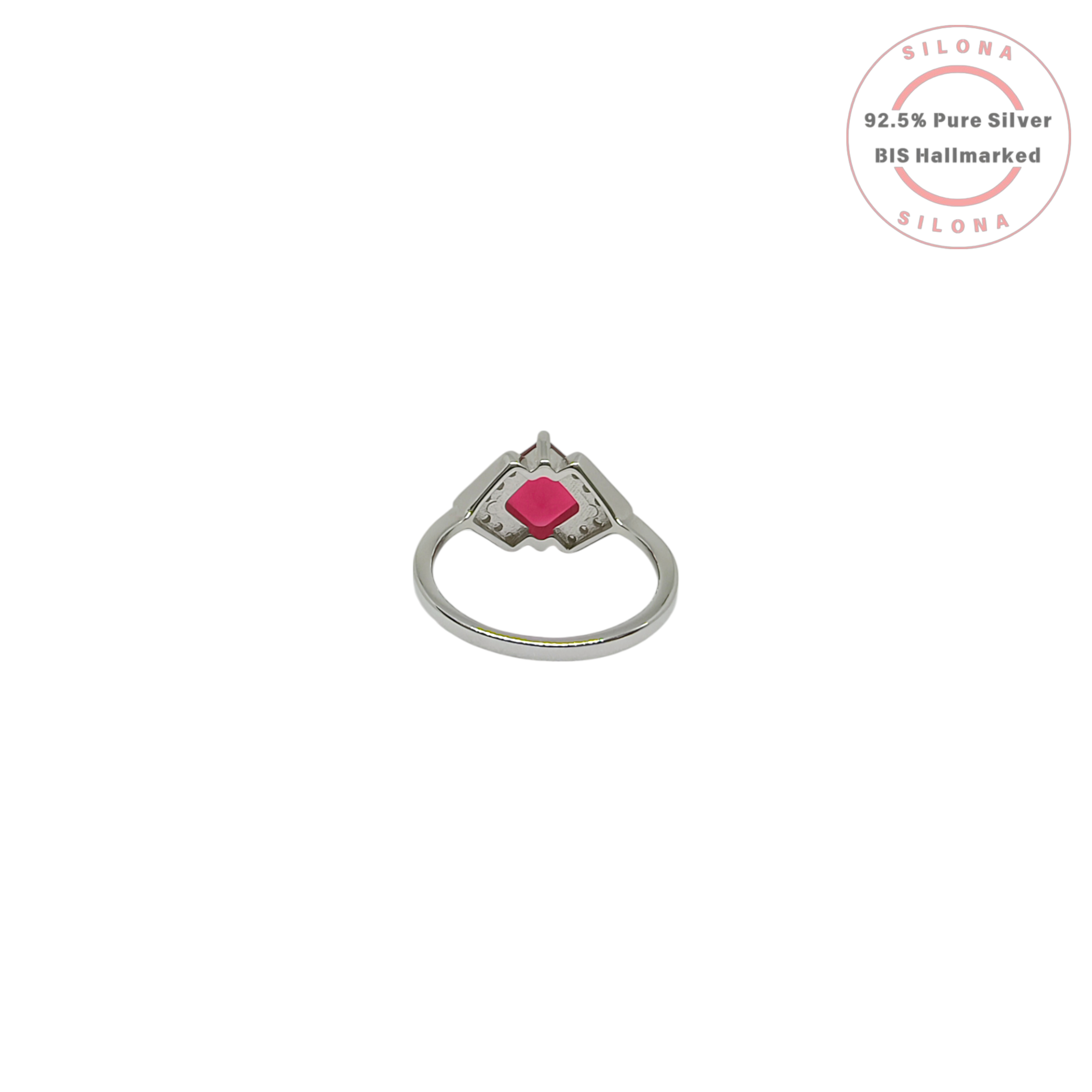 Back view of the Silona Geometric Fuchsia Cubic Zirconia Ring, showcasing the polished 92.5 silver band and the under-gallery of the vibrant pink stone setting.