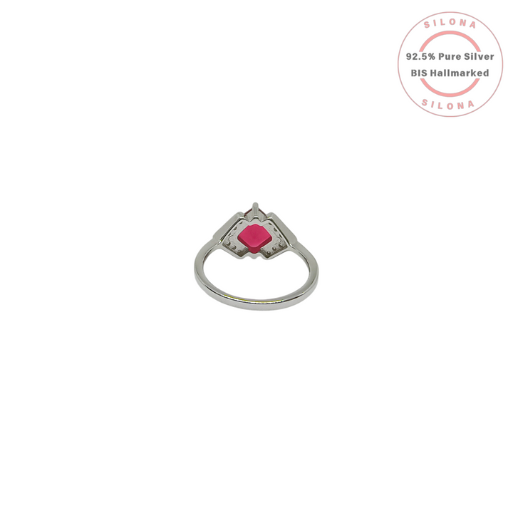 Back view of the Silona Geometric Fuchsia Cubic Zirconia Ring, showcasing the polished 92.5 silver band and the under-gallery of the vibrant pink stone setting.
