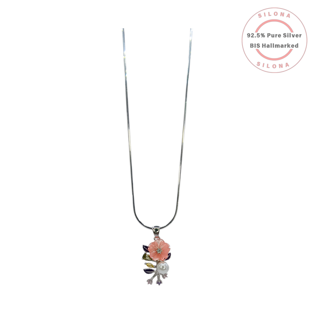 Silona Pastel Floral Necklace with a pink enamel flower pendant, a single pearl, and multi-color stones, crafted in 92.5 silver, on a white background.