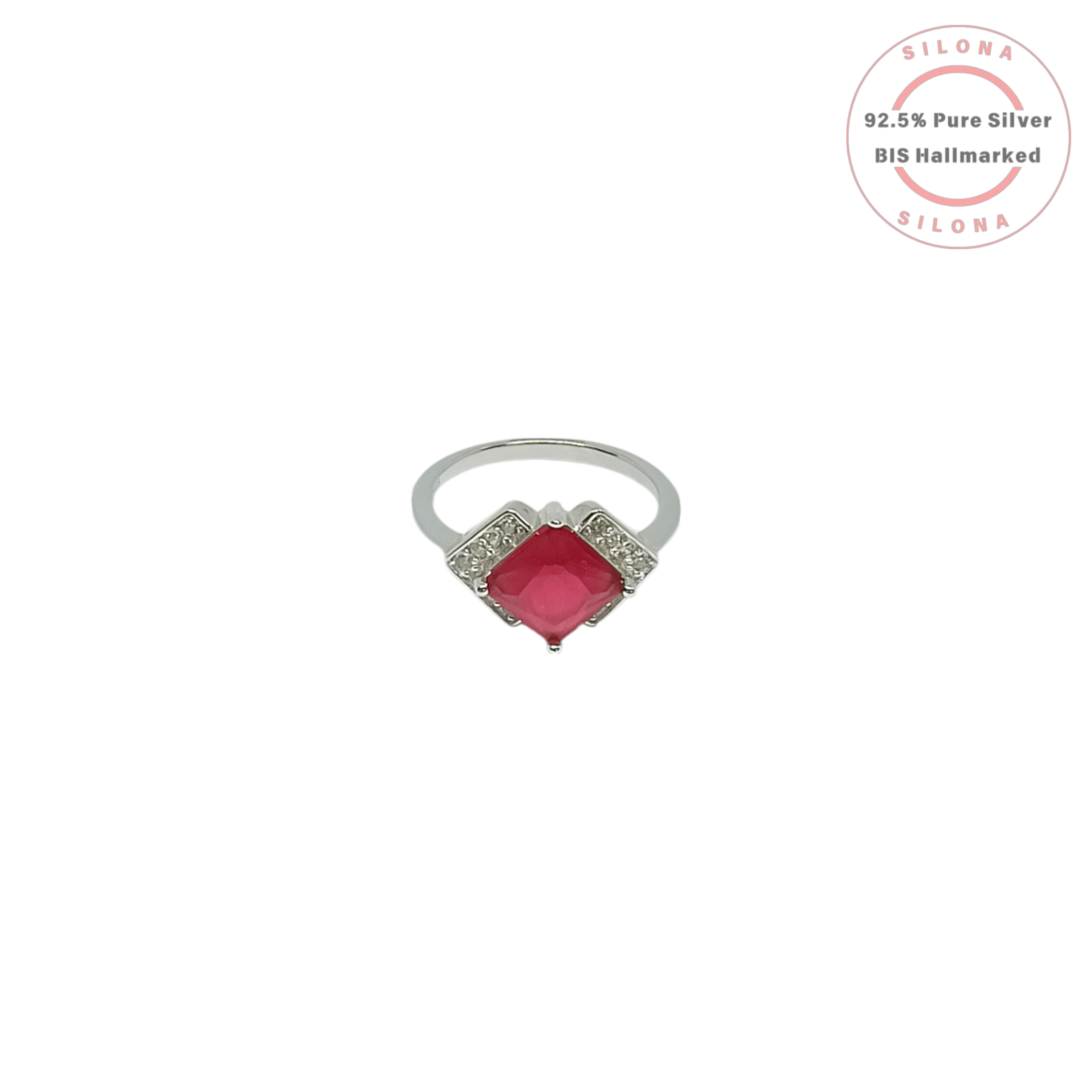 Back view of the Silona Geometric Fuchsia Cubic Zirconia Ring, showcasing the polished 92.5 silver band and the under-gallery of the vibrant pink stone setting.
