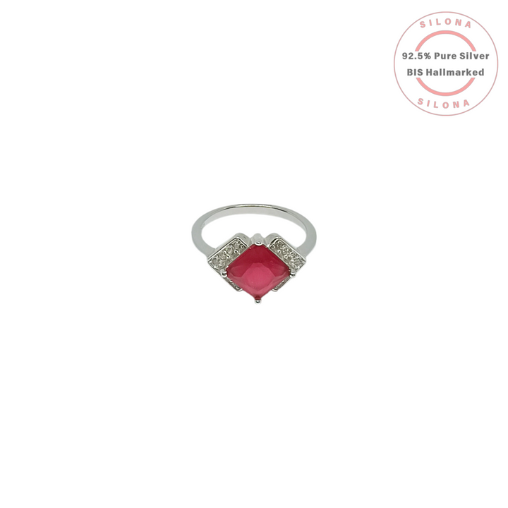 Back view of the Silona Geometric Fuchsia Cubic Zirconia Ring, showcasing the polished 92.5 silver band and the under-gallery of the vibrant pink stone setting.