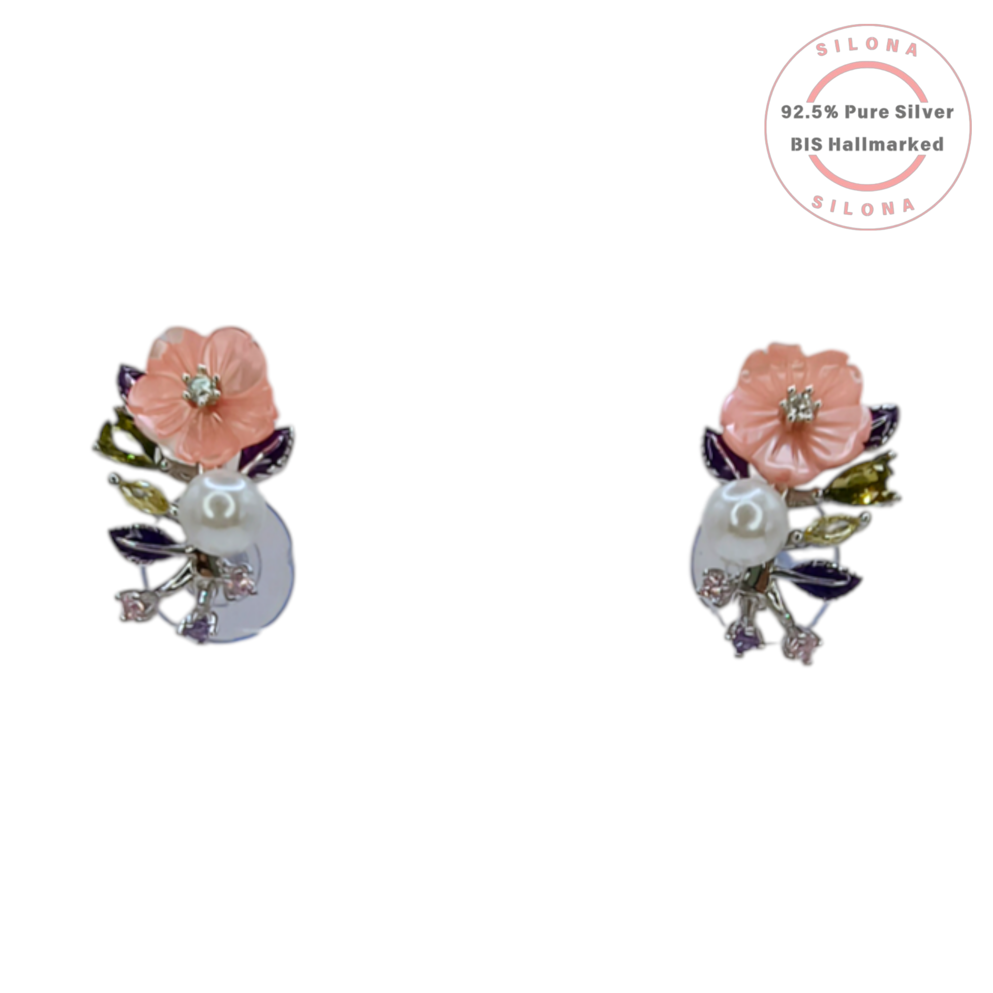 Silona Pastel Floral Necklace with a pink enamel flower pendant, a single pearl, and multi-color stones, crafted in 92.5 silver, on a white background.