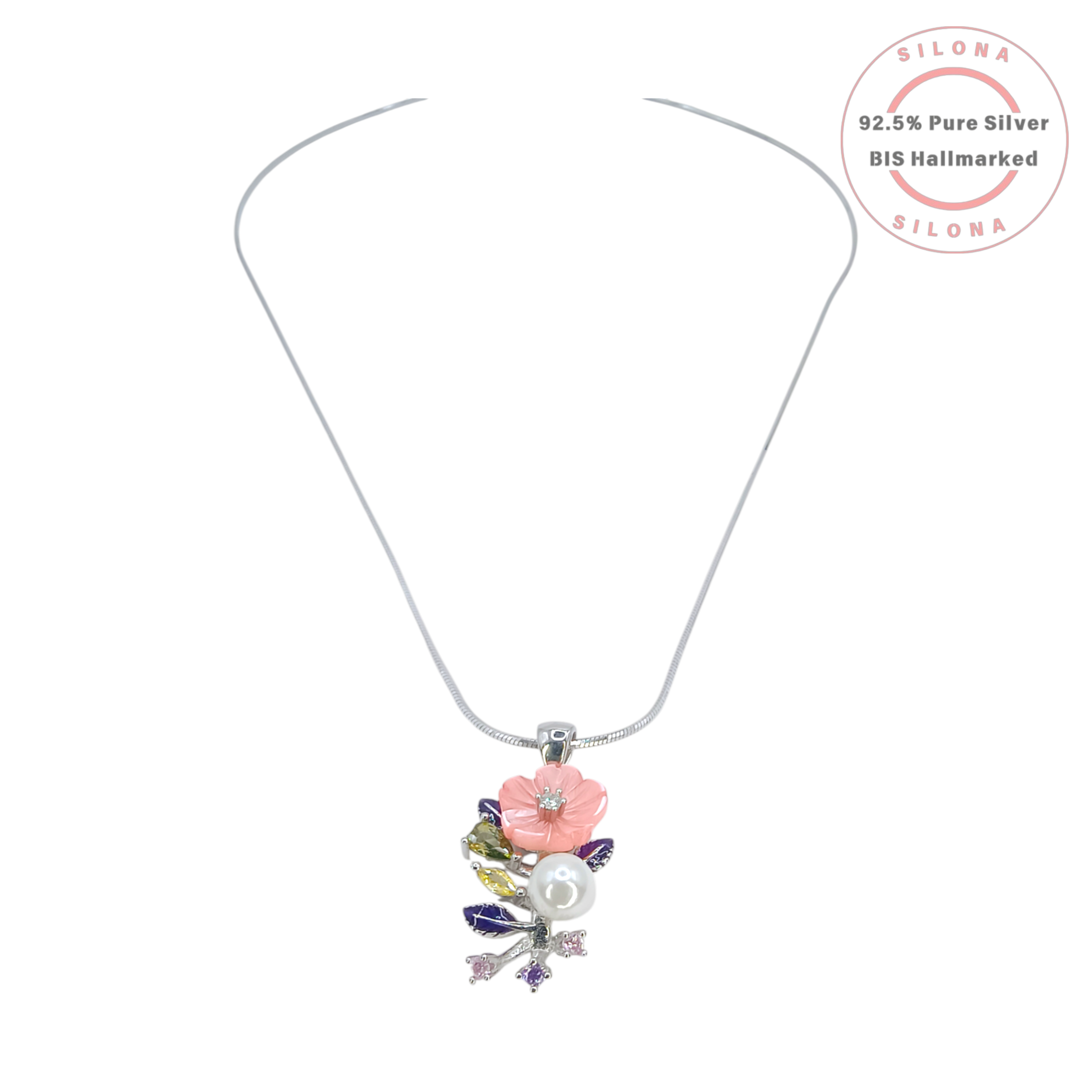 Silona Pastel Floral Necklace with a pink enamel flower pendant, a single pearl, and multi-color stones, crafted in 92.5 silver, on a white background.