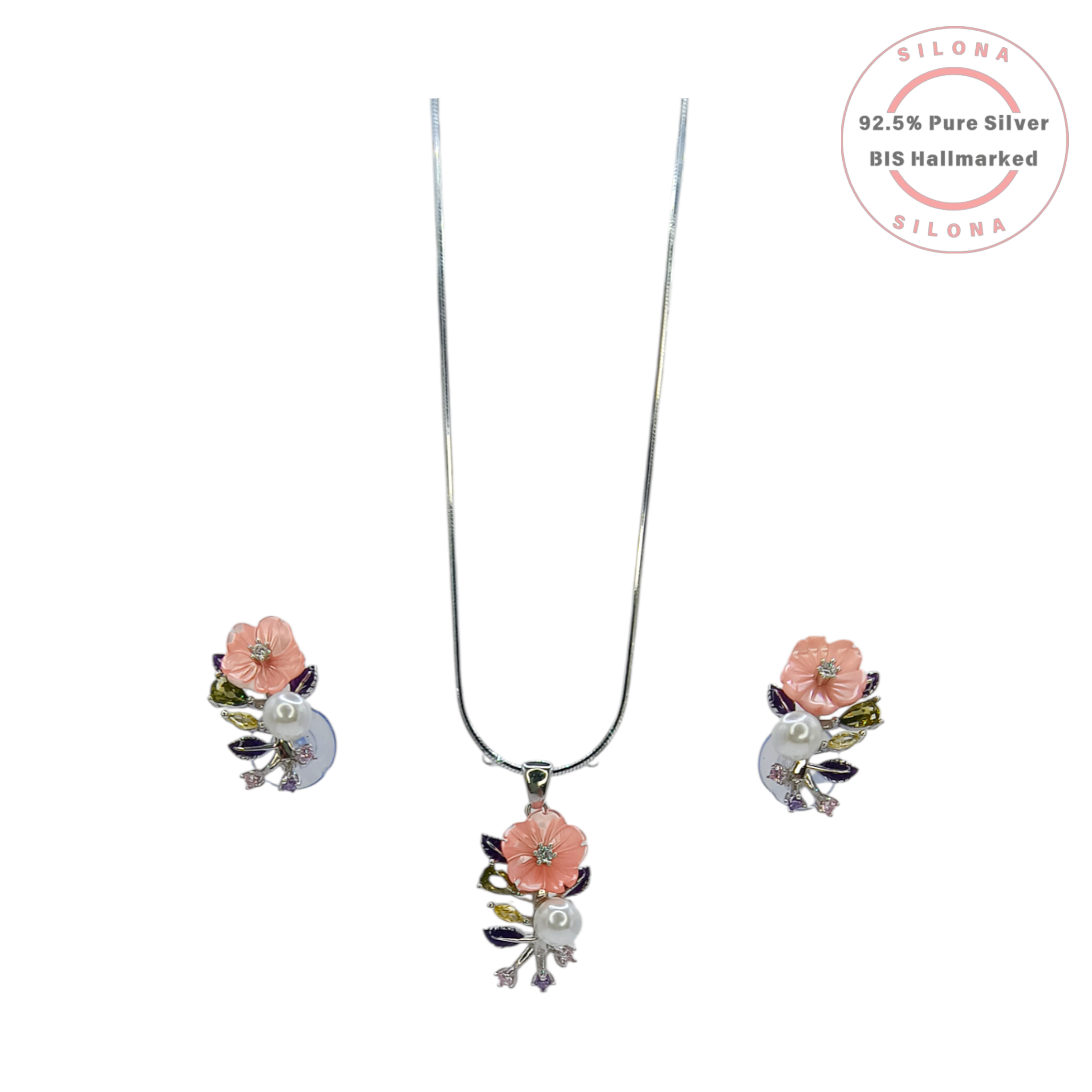 Silona Pastel Floral Necklace with a pink enamel flower pendant, a single pearl, and multi-color stones, crafted in 92.5 silver, on a white background.