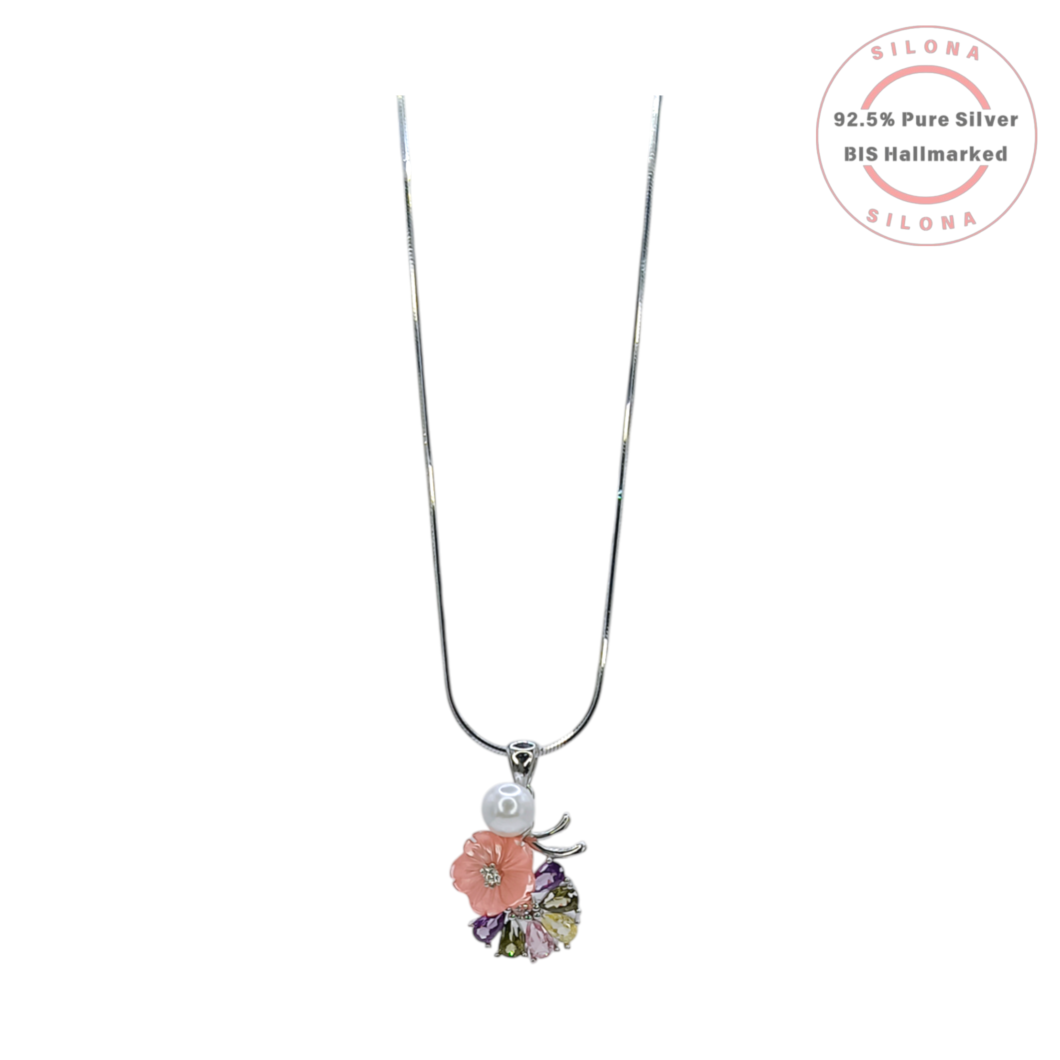 Silona Pastel Bloom Floral Necklace with a carved pink flower, pearl, and multicolor stones, crafted in 92.5 silver, on a white background.