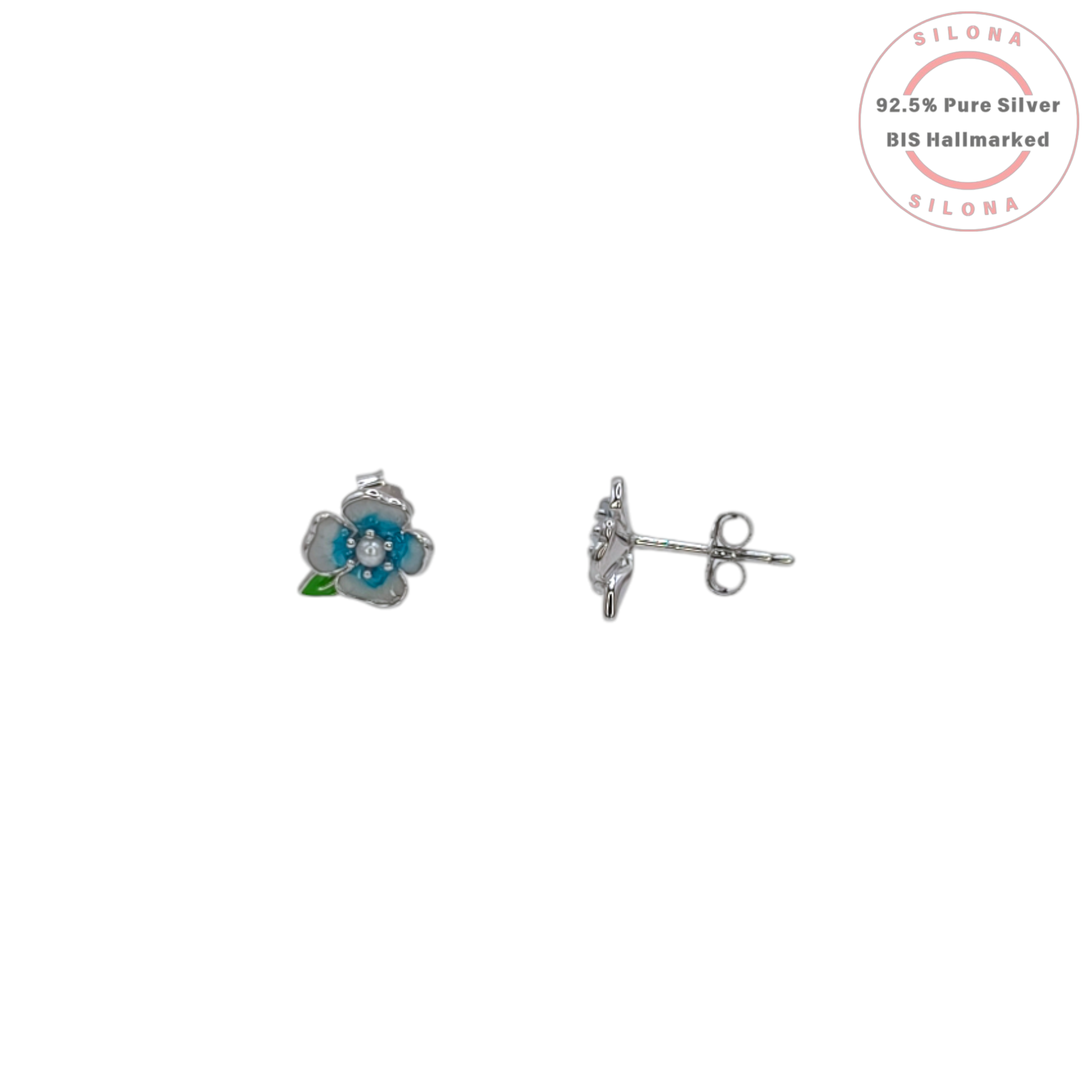 A pair of Silona silver stud earrings shaped like small blue and white enamel flowers with a green leaf, on a white background.