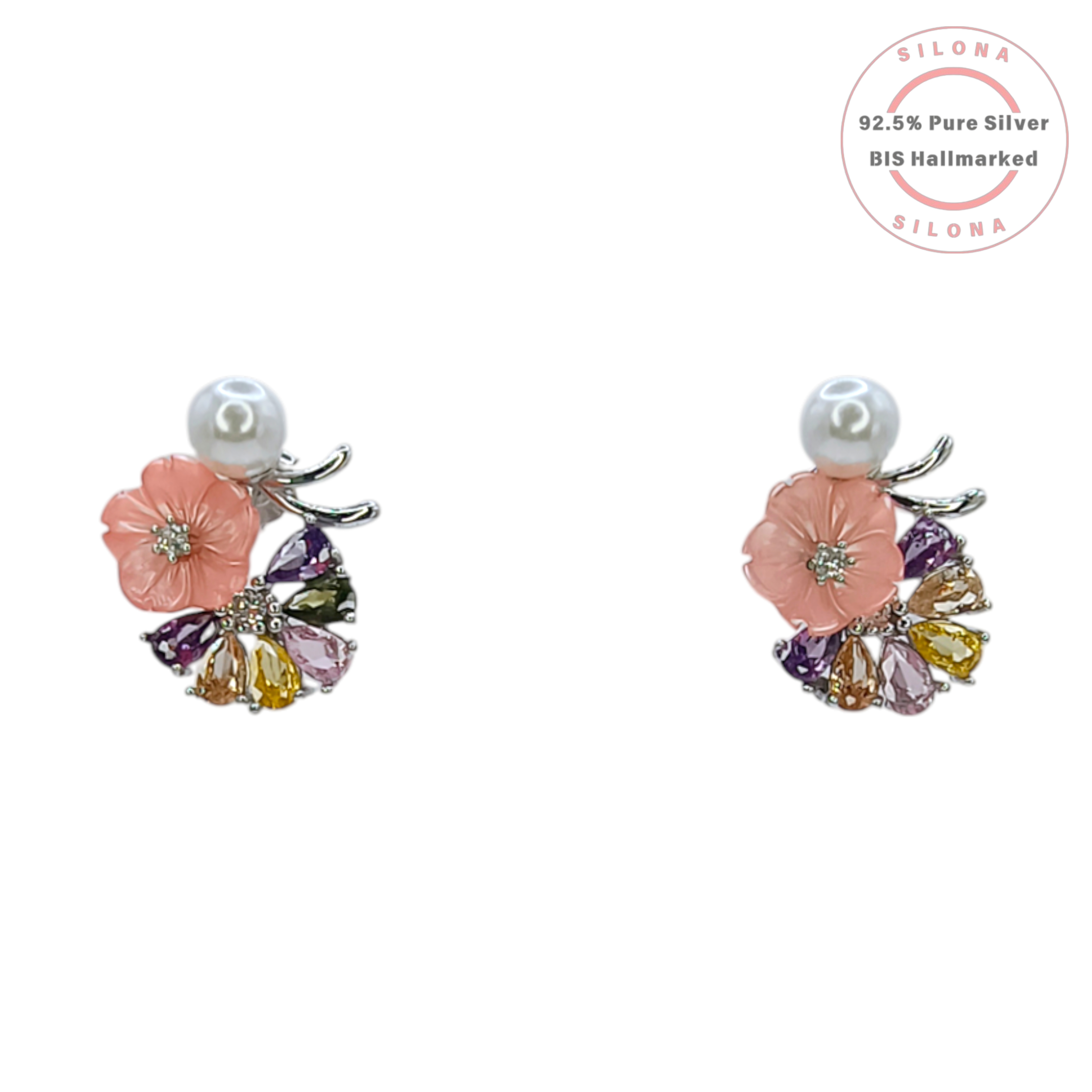 Silona Pastel Bloom Floral Necklace with a carved pink flower, pearl, and multicolor stones, crafted in 92.5 silver, on a white background.