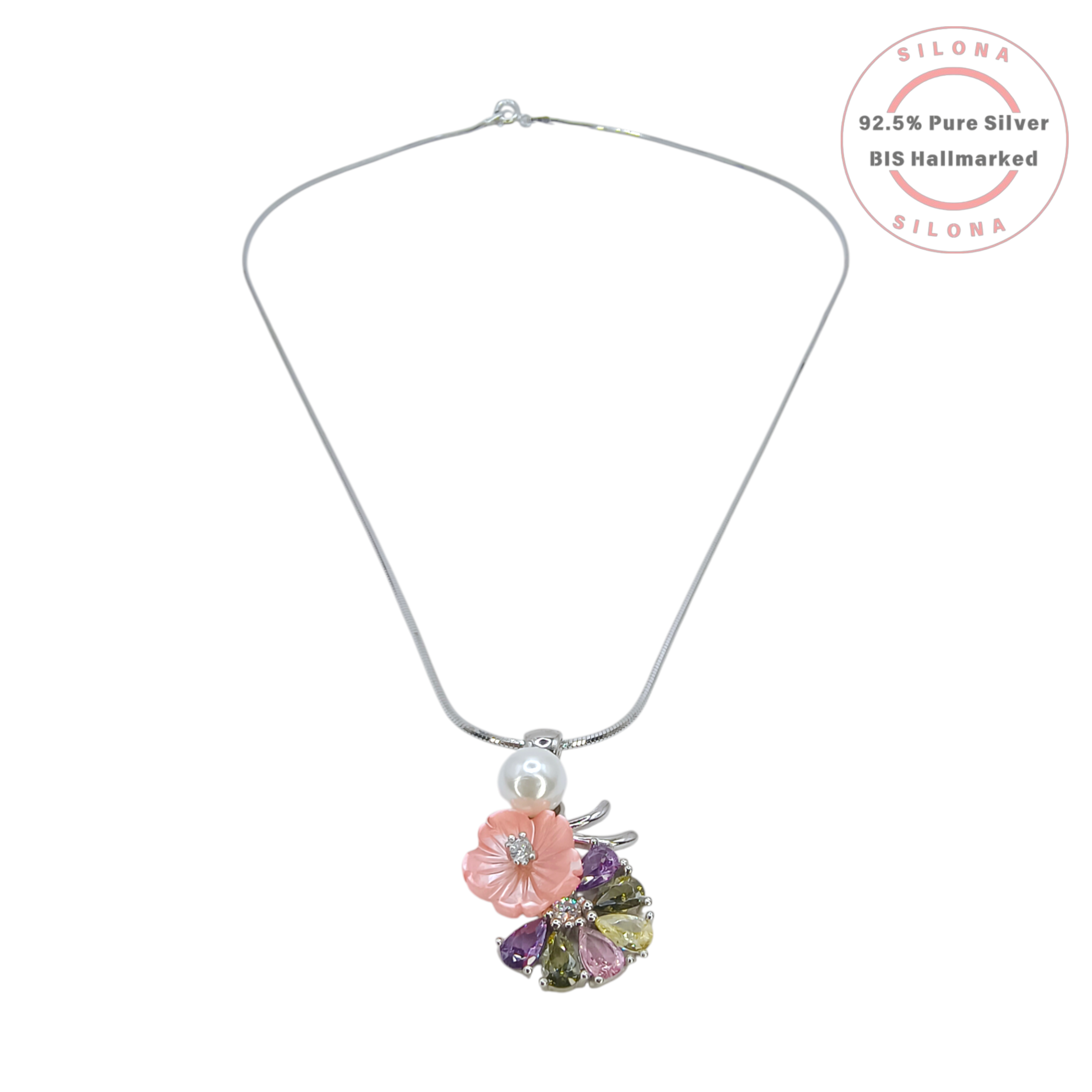 Silona Pastel Bloom Floral Necklace with a carved pink flower, pearl, and multicolor stones, crafted in 92.5 silver, on a white background.