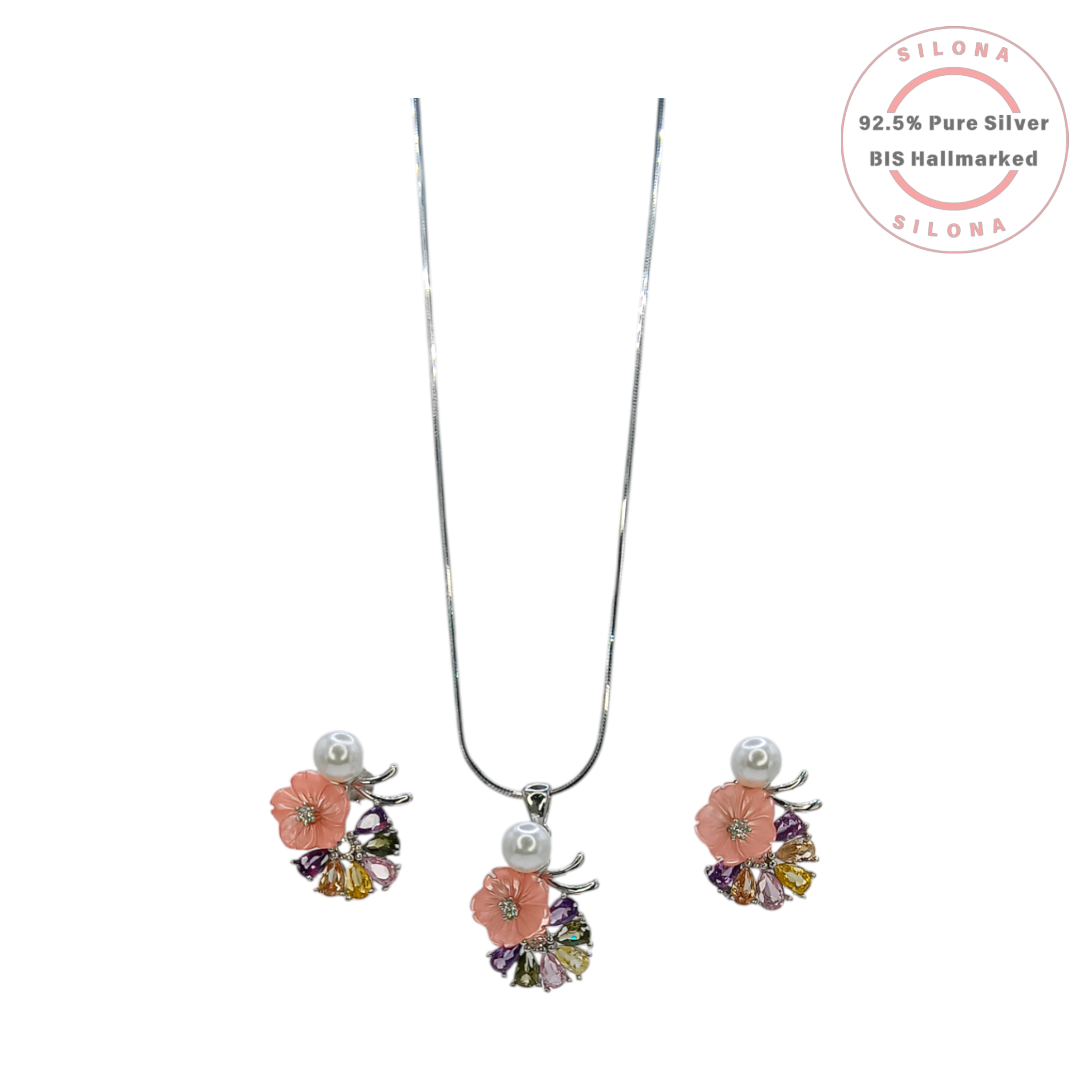 Silona Pastel Bloom Floral Necklace with a carved pink flower, pearl, and multicolor stones, crafted in 92.5 silver, on a white background.