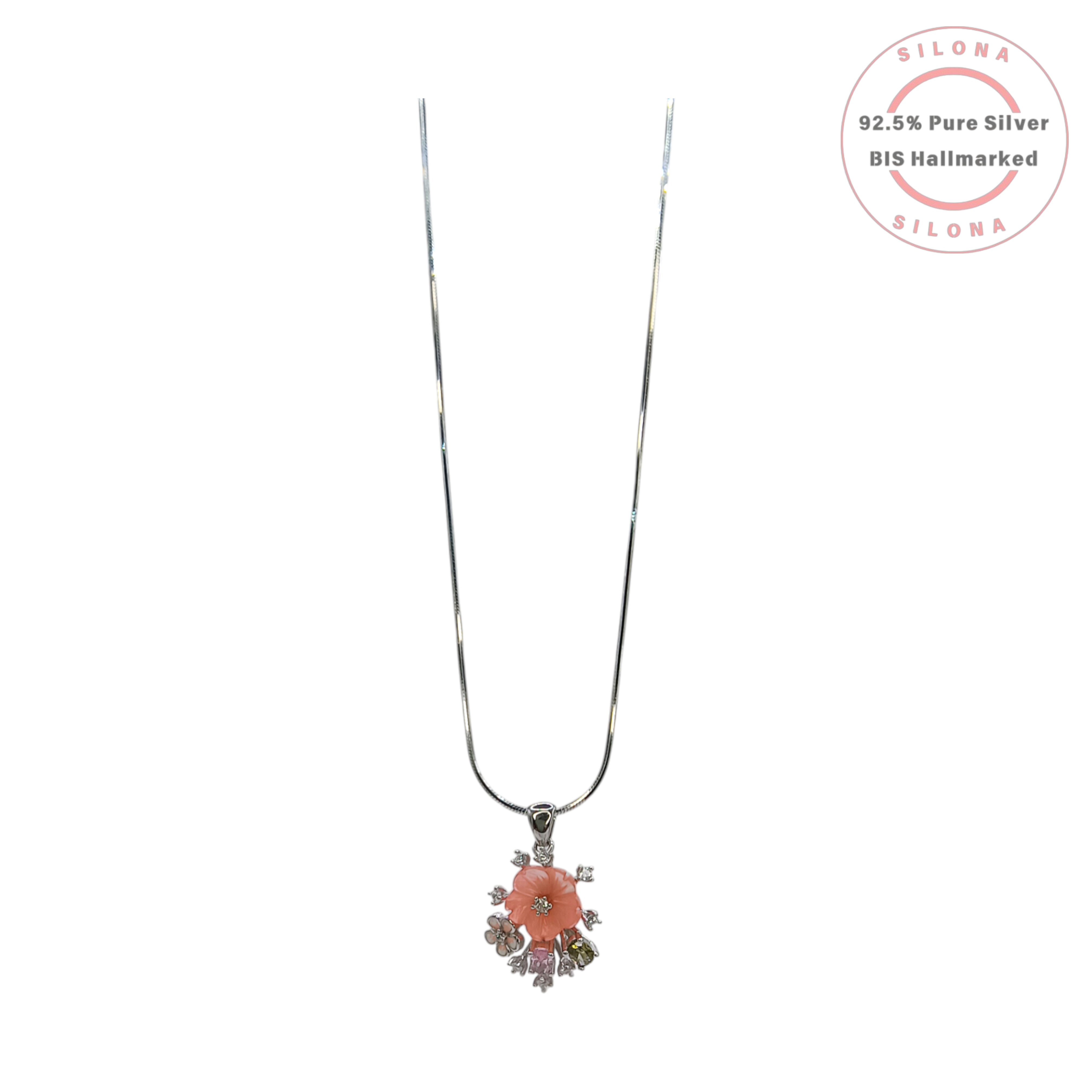 Silona Carved Coral Blossom Floral Necklace Set in 92.5 Silver with multi-color stones on a white background.