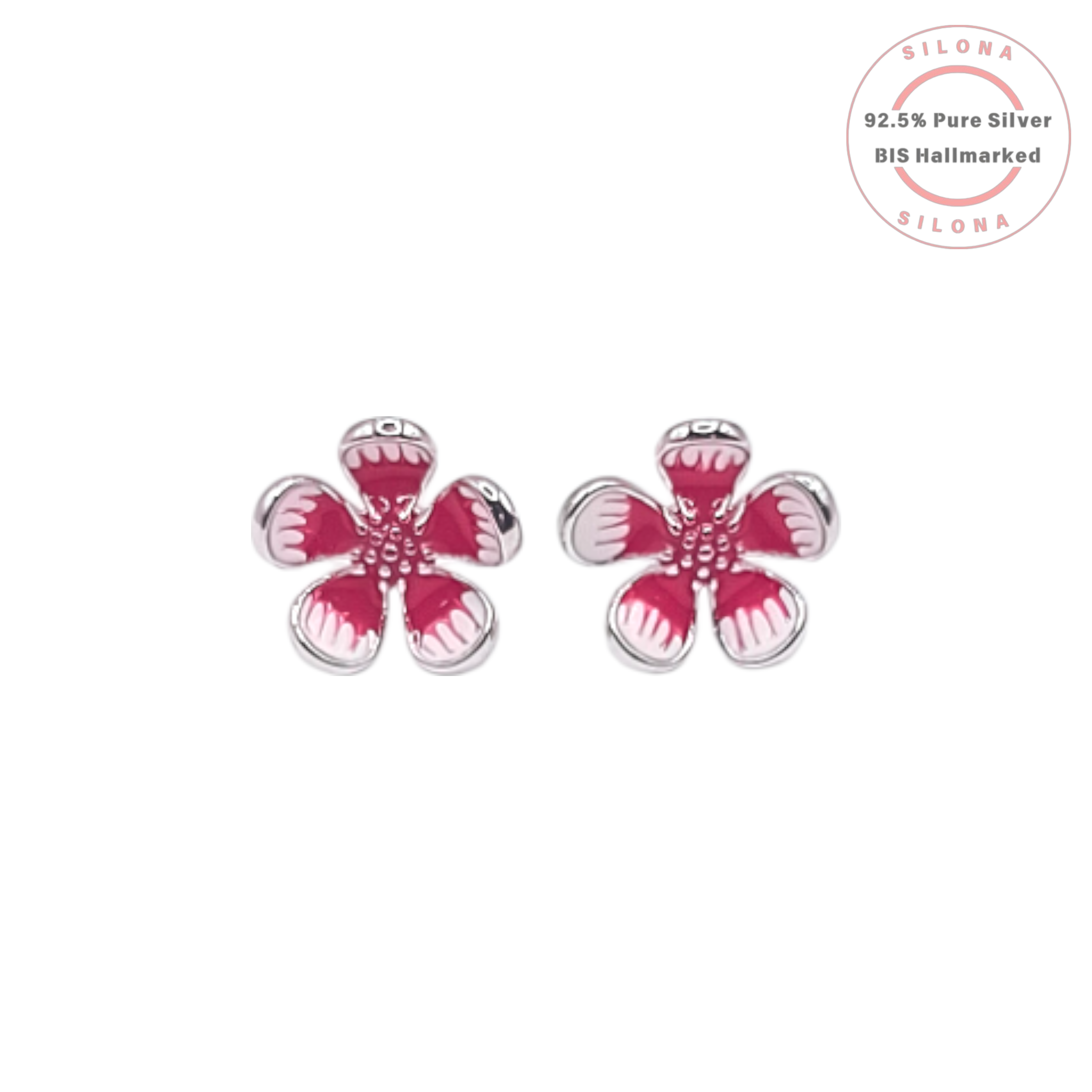A pair of Silona plumeria flower stud earrings in 92.5 silver with vibrant pink enamel detailing on a white background.