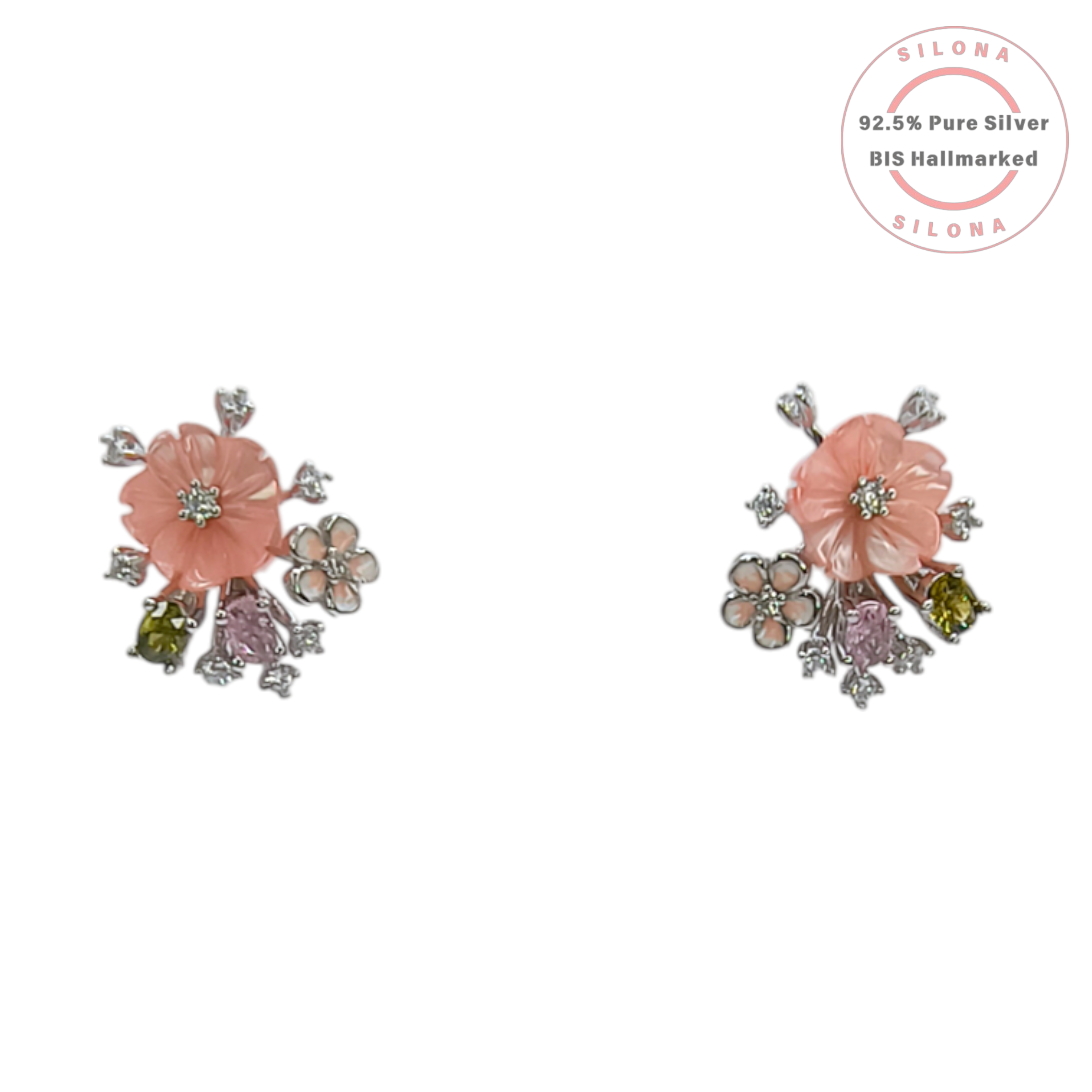 Silona Carved Coral Blossom Floral Necklace Set in 92.5 Silver with multi-color stones on a white background.