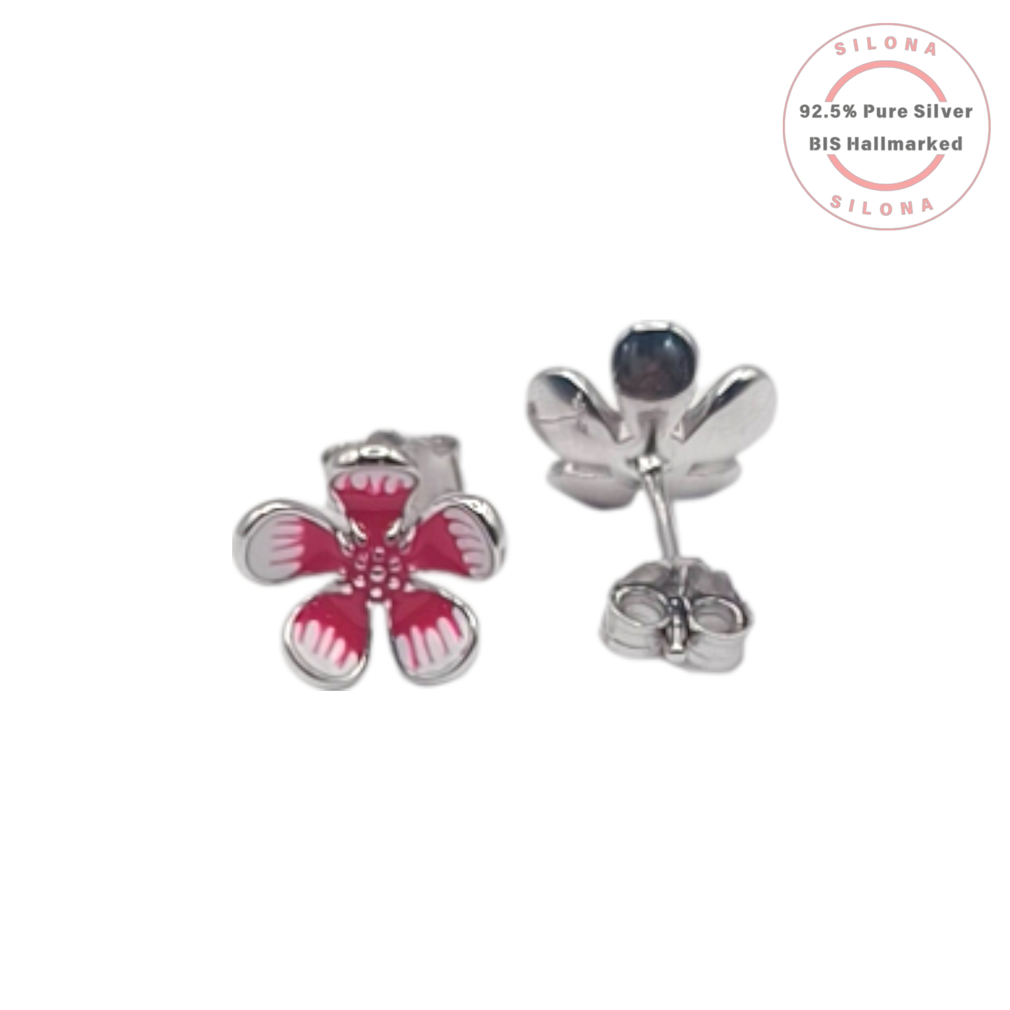 A pair of Silona plumeria flower stud earrings in 92.5 silver with vibrant pink enamel detailing on a white background.