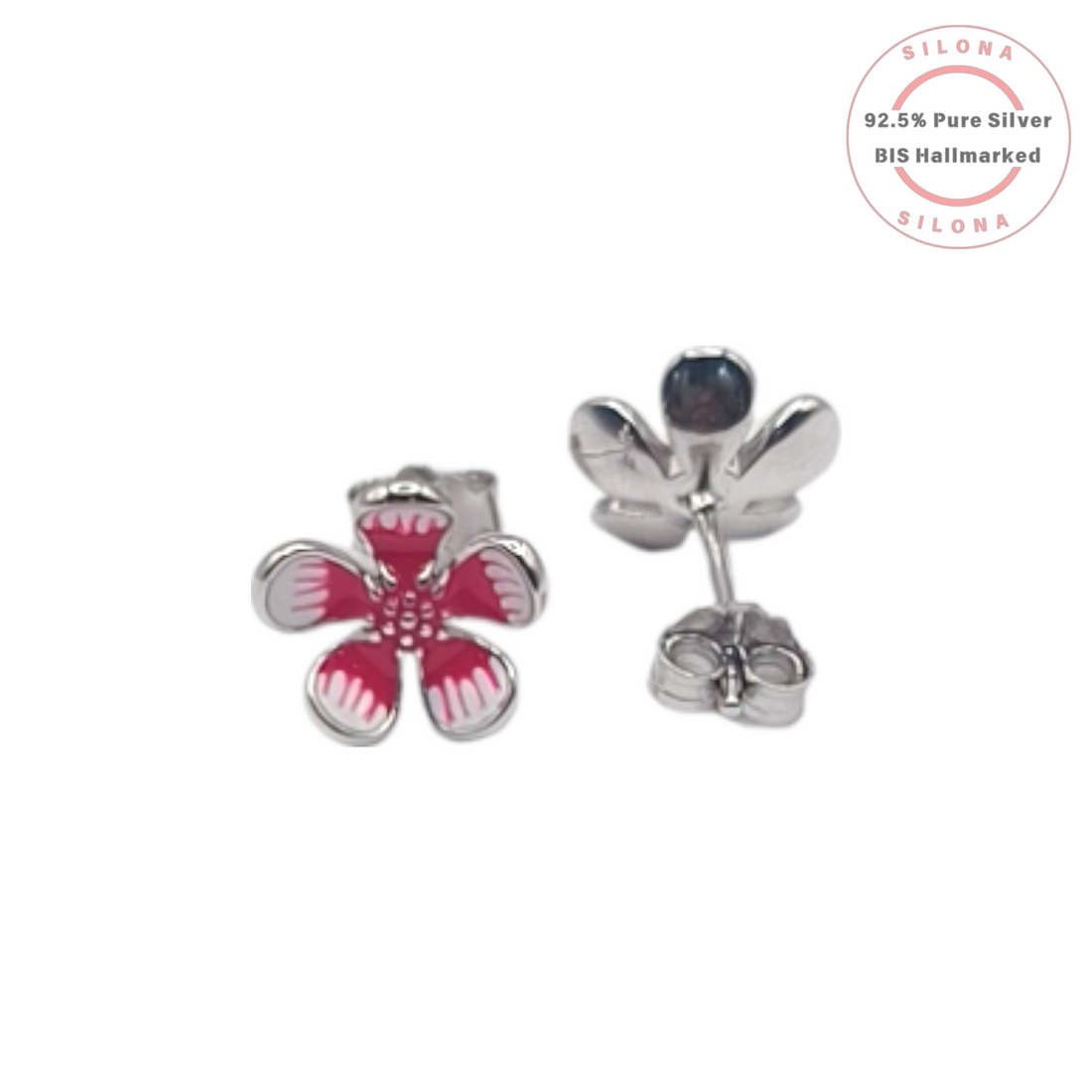 A pair of Silona plumeria flower stud earrings in 92.5 silver with vibrant pink enamel detailing on a white background.