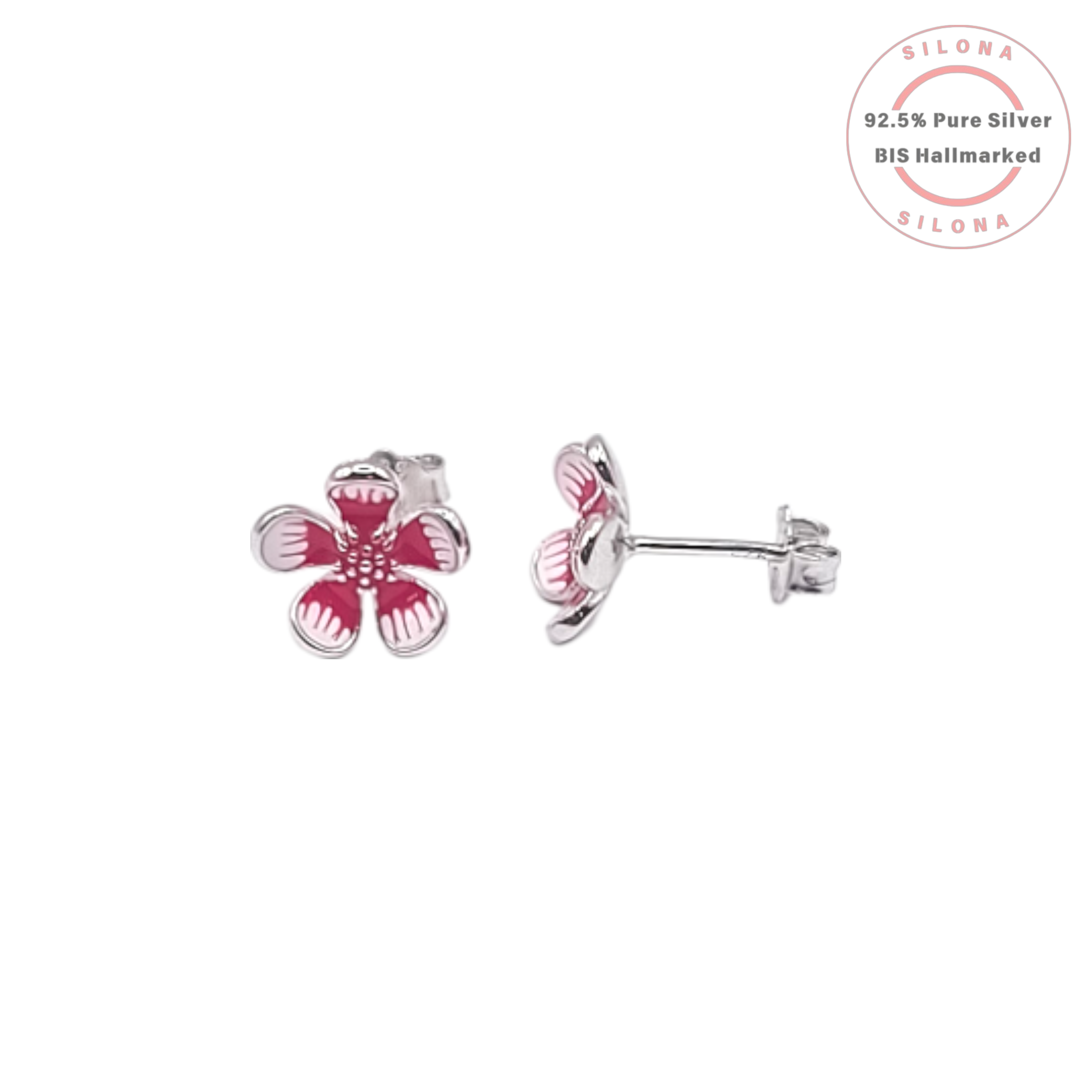 A pair of Silona plumeria flower stud earrings in 92.5 silver with vibrant pink enamel detailing on a white background.