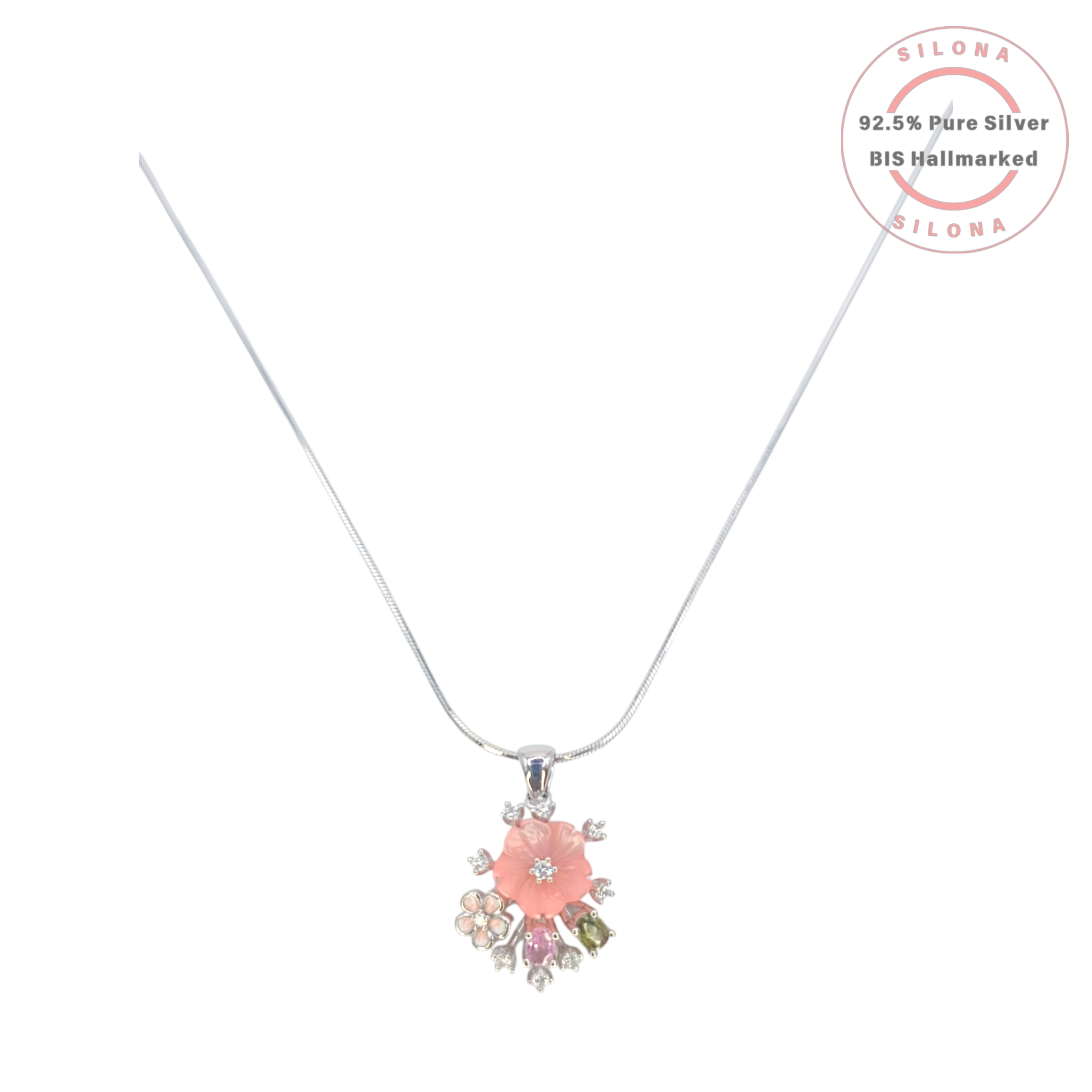 Silona Carved Coral Blossom Floral Necklace Set in 92.5 Silver with multi-color stones on a white background.