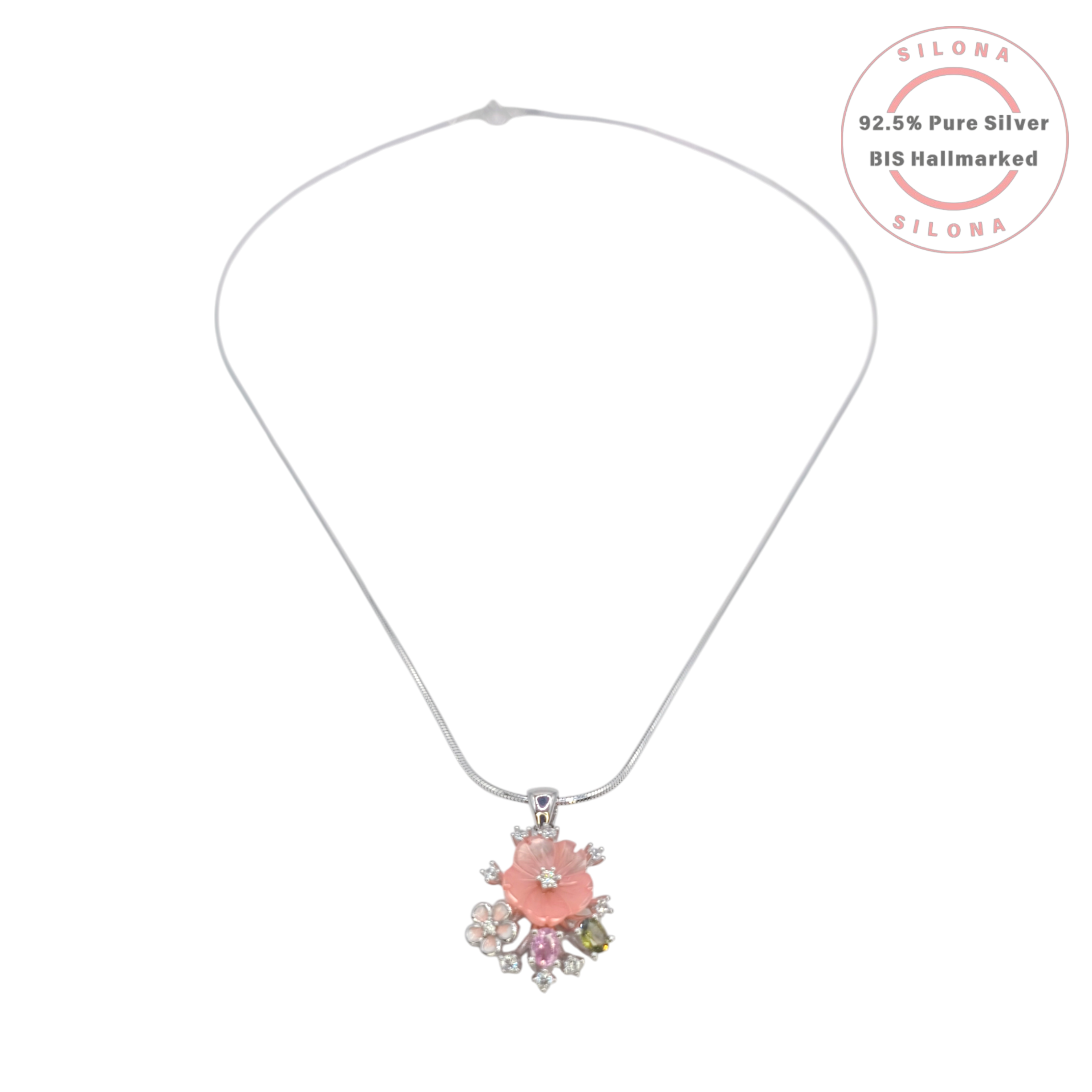 Silona Carved Coral Blossom Floral Necklace Set in 92.5 Silver with multi-color stones on a white background.