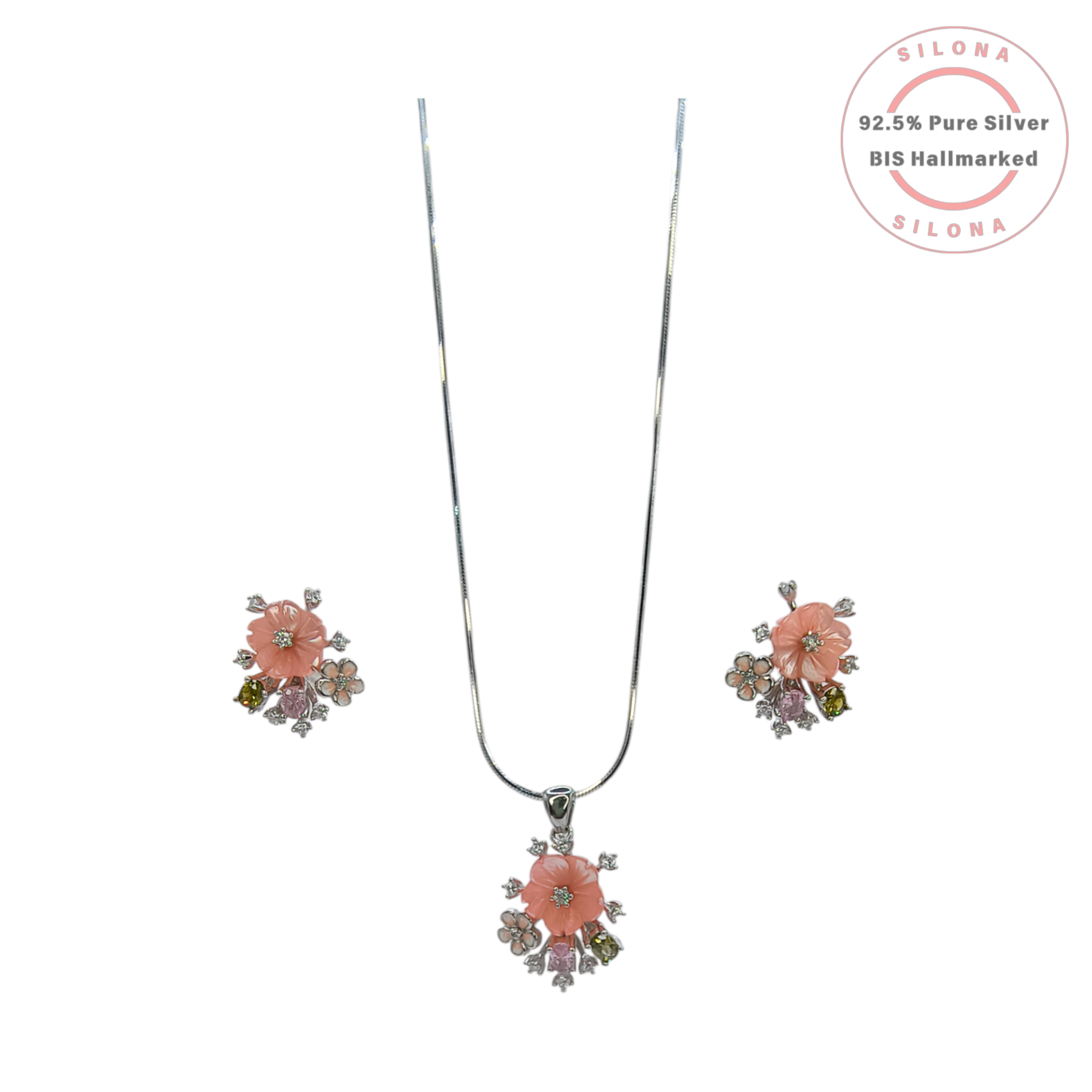 Silona Carved Coral Blossom Floral Necklace Set in 92.5 Silver with multi-color stones on a white background.