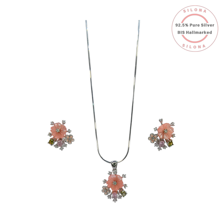 Silona Carved Coral Blossom Floral Necklace Set in 92.5 Silver with multi-color stones on a white background.